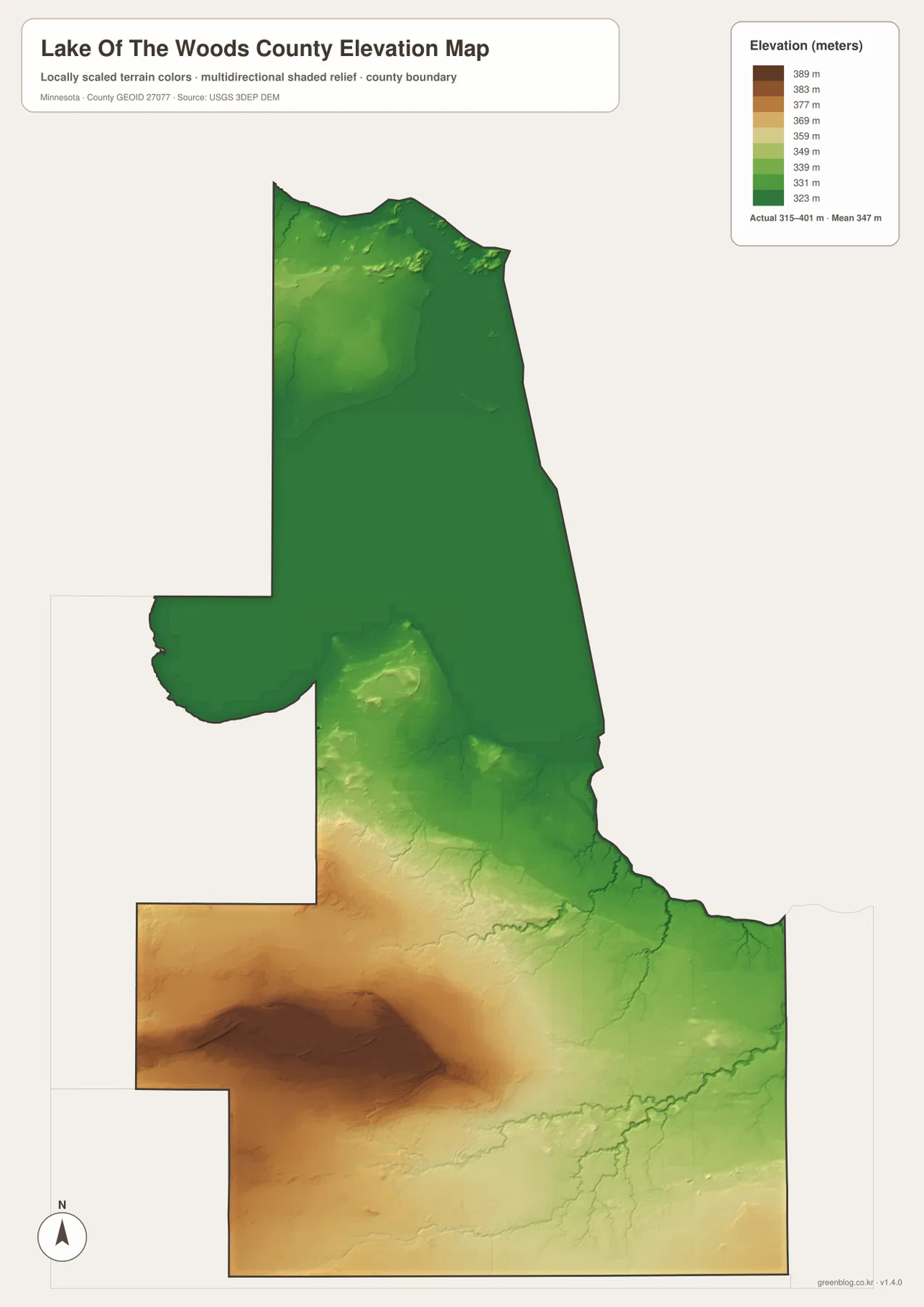 Lake of the Woods County elevation map showing approximately 315 to 401 meters, high southwestern terrain and lower lake-side areas