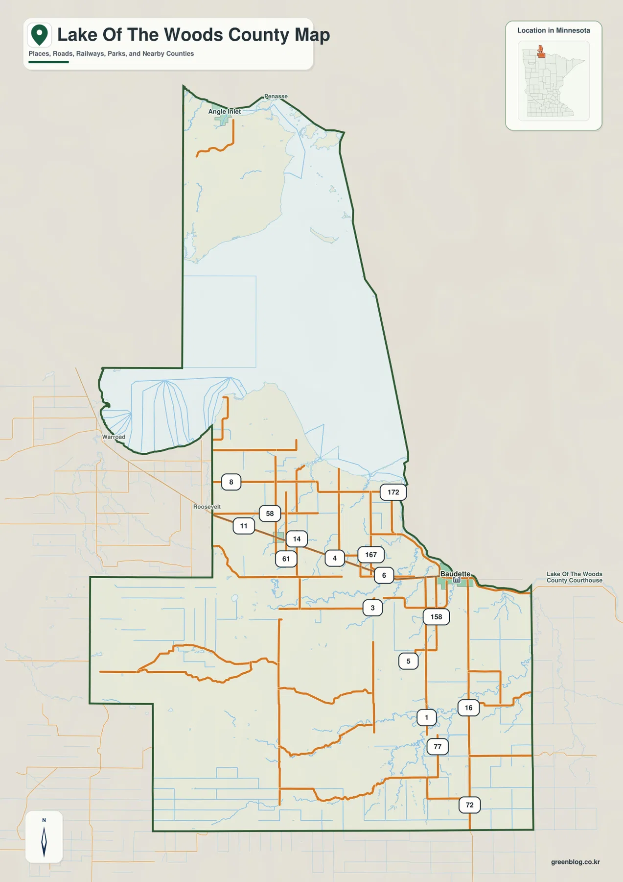 Lake of the Woods County map showing Baudette, Williams, Roosevelt, Angle Inlet, Penasse and major roads