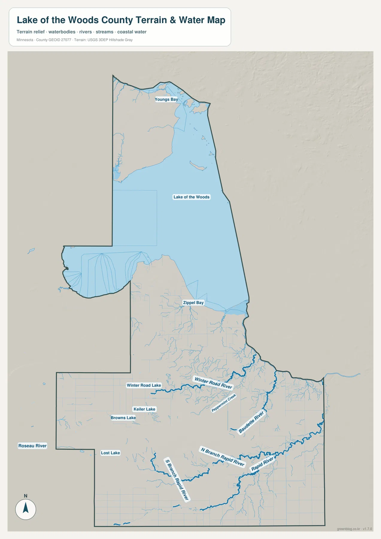 Lake of the Woods County water map showing Lake of the Woods, Zippel Bay, Winter Road River, Baudette River, Rapid River and smaller lakes