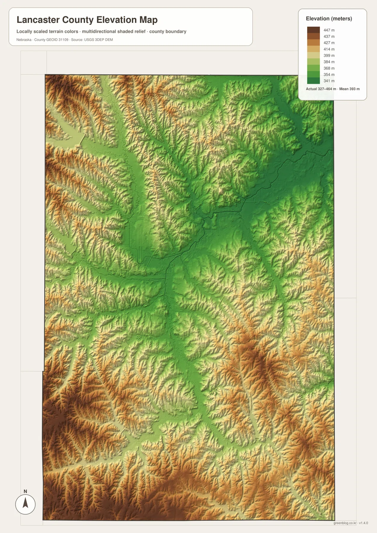 Lancaster County Nebraska elevation map showing a 327 to 464 meter range, higher western hills, and lower Lincoln, Salt Creek, and Stevens Creek corridors