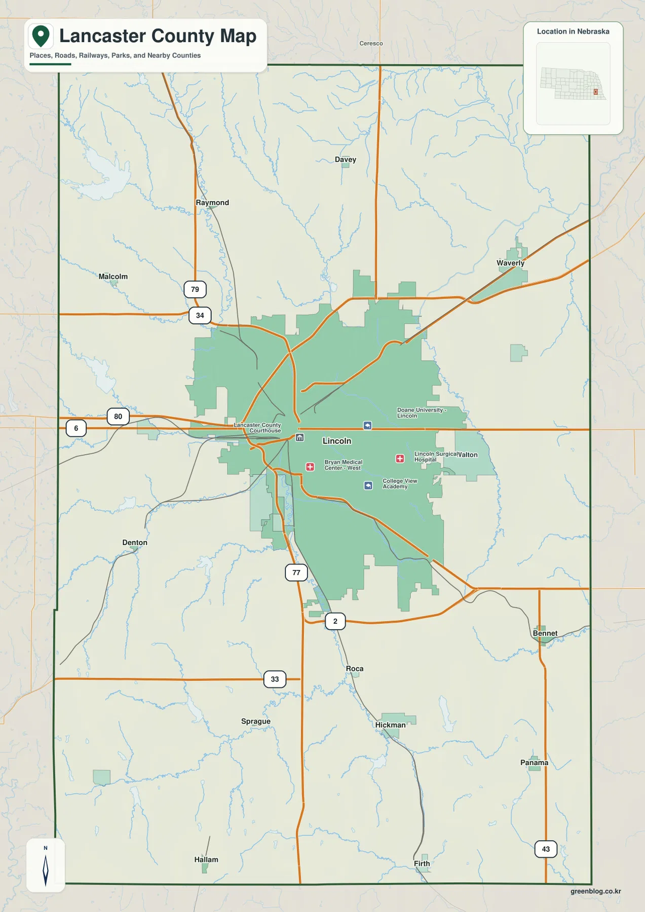 Lancaster County Nebraska map showing Lincoln, Waverly, Hickman, Bennet, Malcolm, I-80, U.S. 77, U.S. 6 and 34, and Highway 2