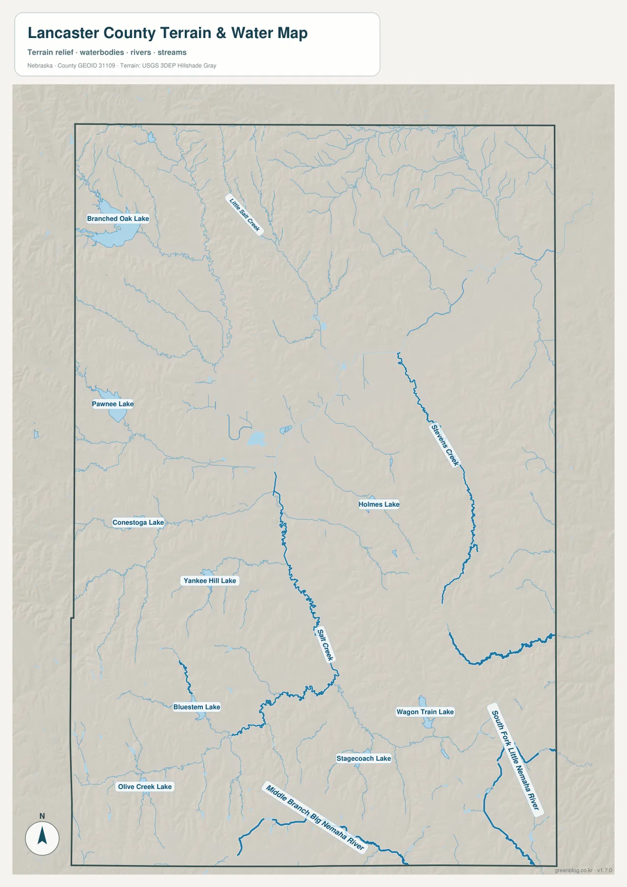 Lancaster County terrain and water map showing Salt Creek, Little Salt Creek, Stevens Creek, South Fork Little Nemaha River, and reservoirs