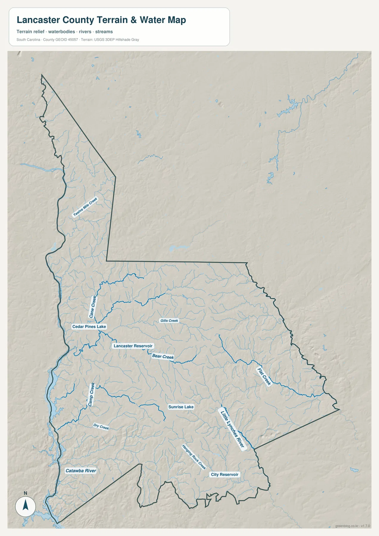 Lancaster County terrain and water map showing Catawba River, Lancaster Reservoir, Cedar Pines Lake, Little Lynches River, and creeks