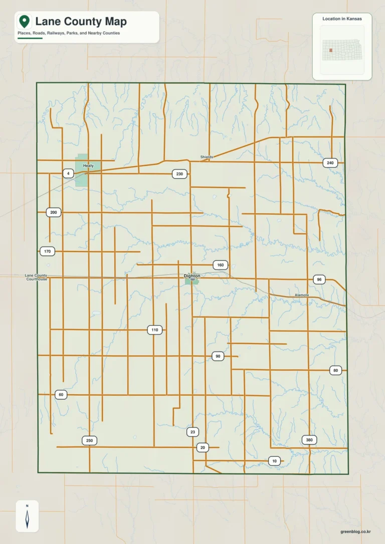 캔자스주 레인 카운티 지도(Lane County) – Dighton·Walnut Creek 지류와 742~898m High Plains 지형