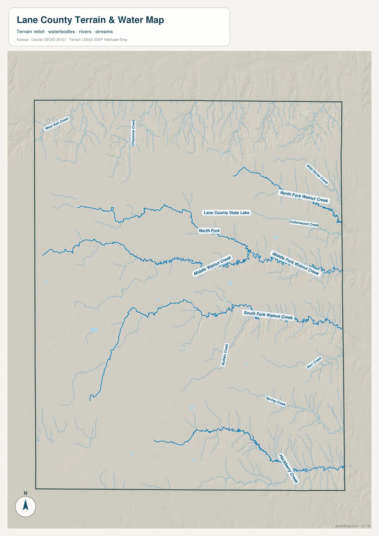 레인 카운티 수역 지도에 표시된 North Fork Walnut Creek, Middle Walnut Creek, Middle Fork Walnut Creek, South Fork Walnut Creek, Wild Horse Creek, Cheyenne Creek, Hackberry Creek와 Lane County State Lake