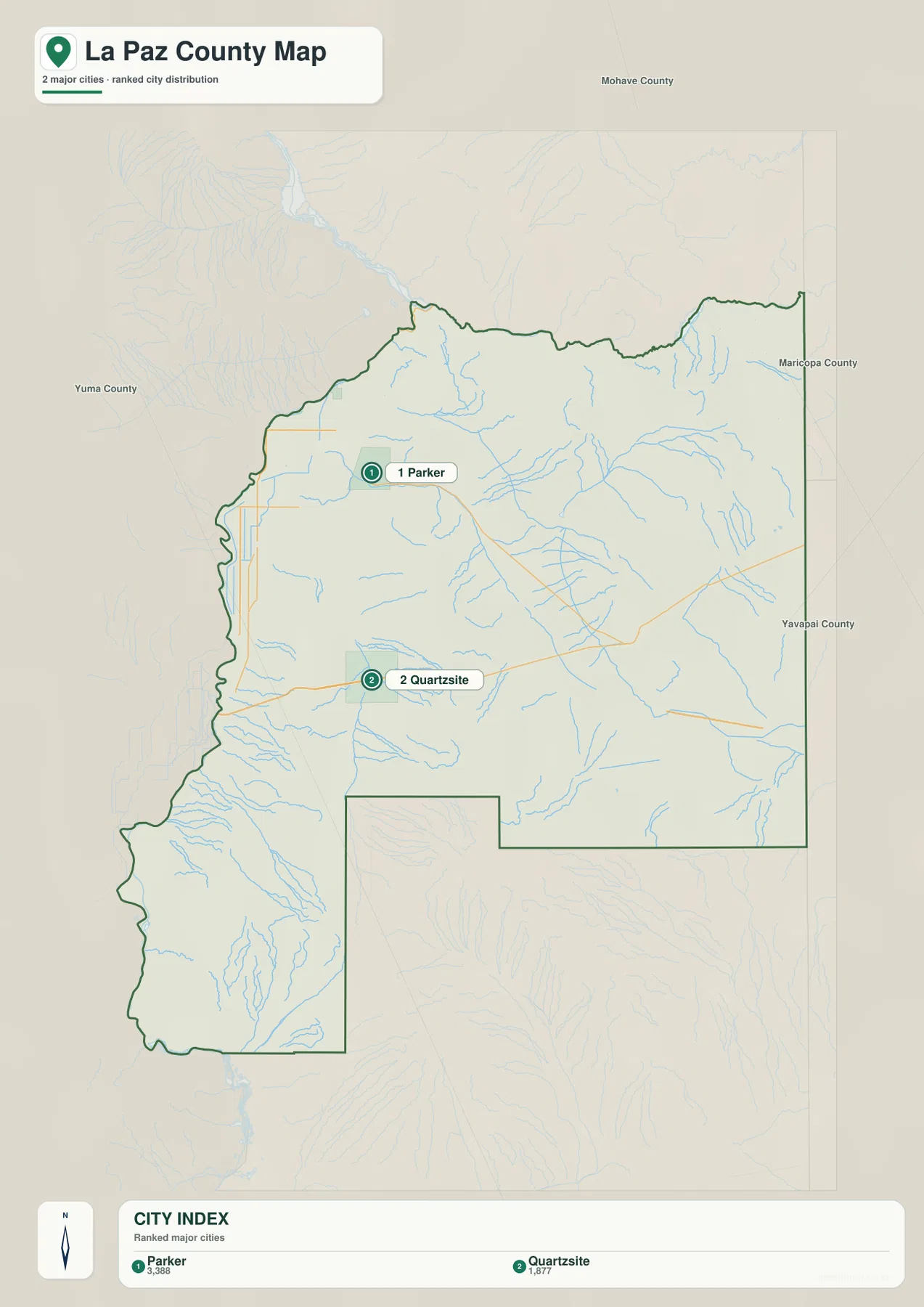 La Paz County city map showing Parker and Quartzsite