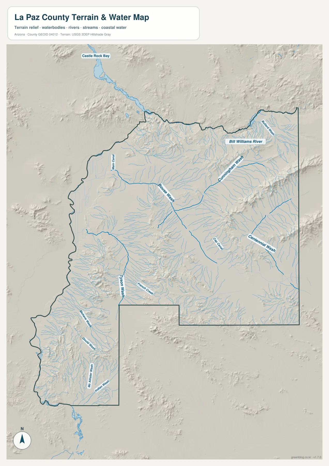 La Paz County terrain and water map showing Bill Williams River and desert washes