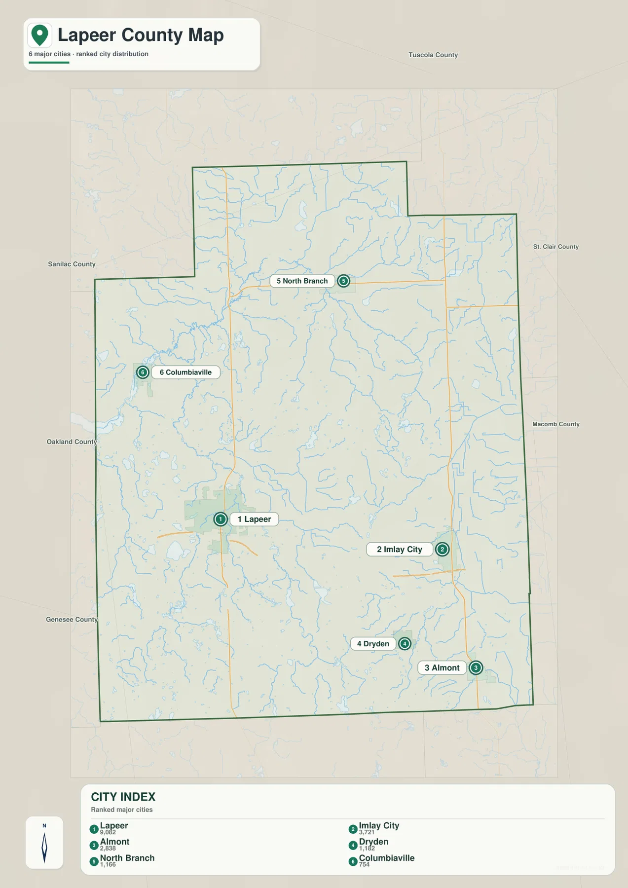 라피어 카운티 도시 분포 지도 – Lapeer, Imlay City, Almont, Dryden, North Branch, Columbiaville