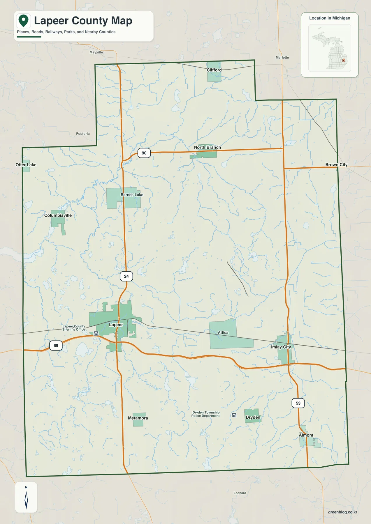 라피어 카운티 지도 – Lapeer, Imlay City, M-24, I-69, M-53, M-90과 주변 정착지