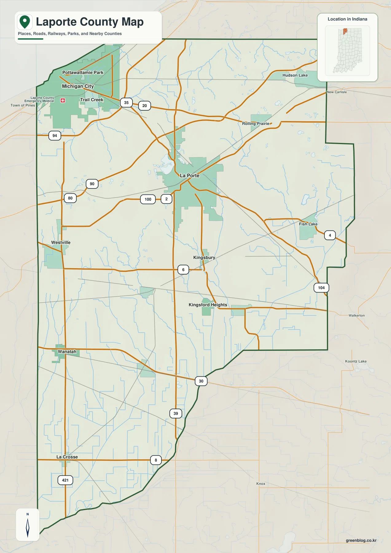 인디애나주 LaPorte County 일반 지도에 Michigan City, La Porte, Westville, Rolling Prairie, Wanatah, La Crosse와 주요 도로가 표시된 모습