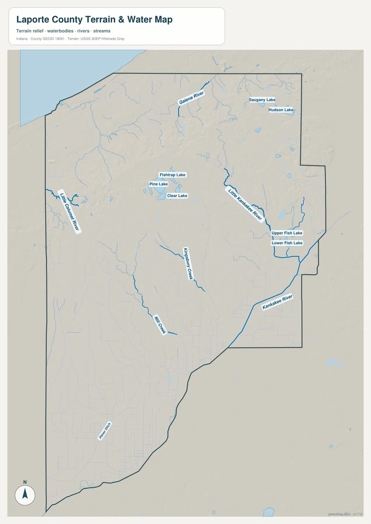 LaPorte County 수역·지형 지도에 Lake Michigan, Galena River, Pine Lake, Clear Lake, Little Kankakee River, Upper Fish Lake, Lower Fish Lake와 Kankakee River가 표시된 모습
