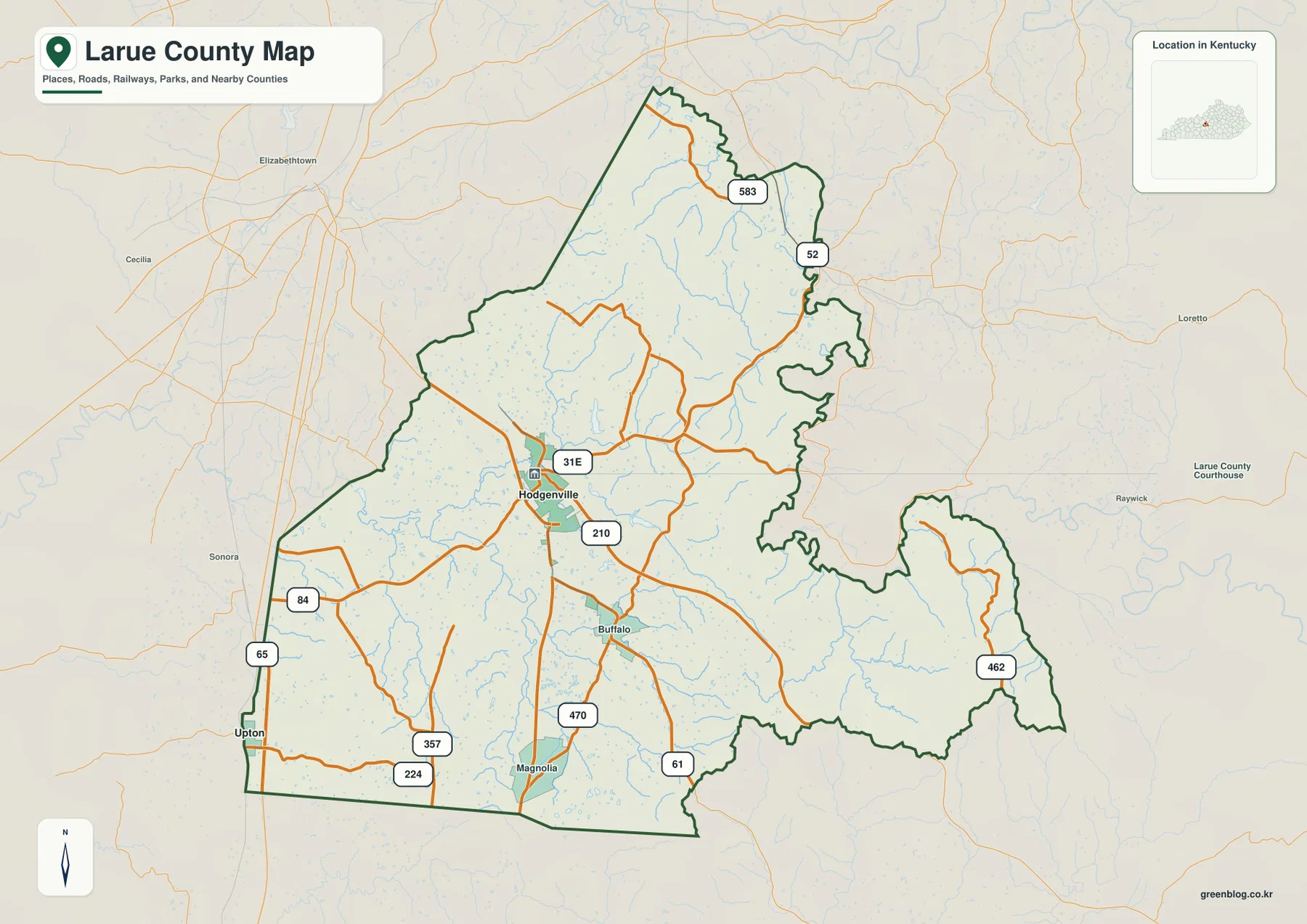 Hodgenville, Buffalo, Magnolia와 U.S. 31E 및 주요 도로가 표시된 켄터키주 라루 카운티 지도