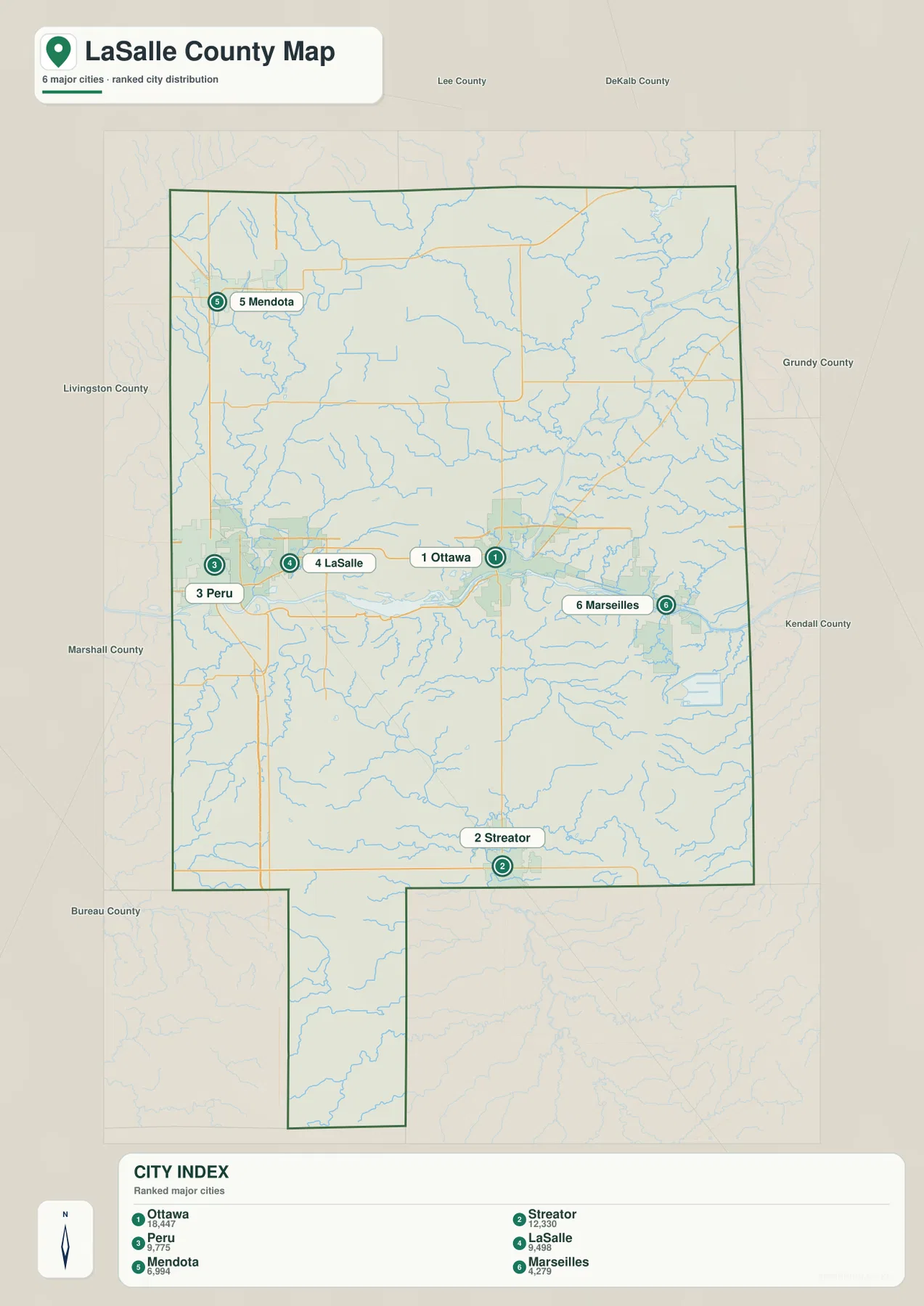 LaSalle County city map Ottawa Streator Peru LaSalle Mendota Marseilles