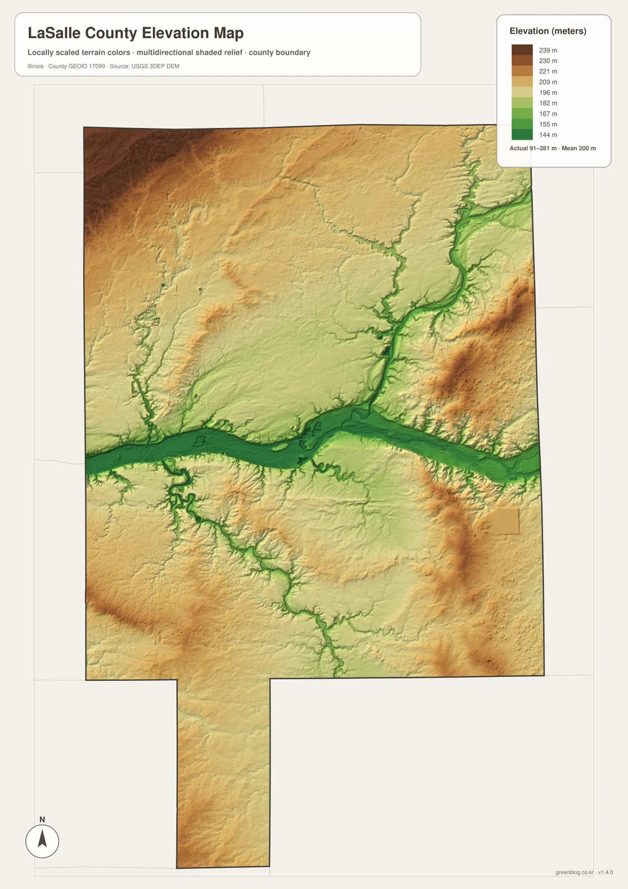 LaSalle County elevation map Illinois River valley 91 to 281 meters