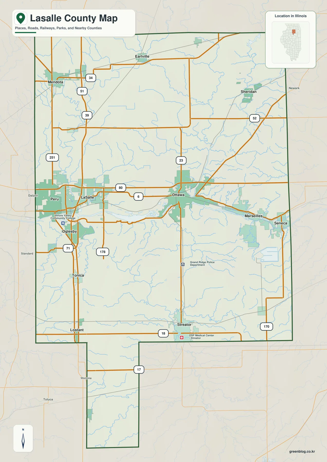 LaSalle County Illinois road map Ottawa LaSalle Peru Mendota Streator I-80 I-39