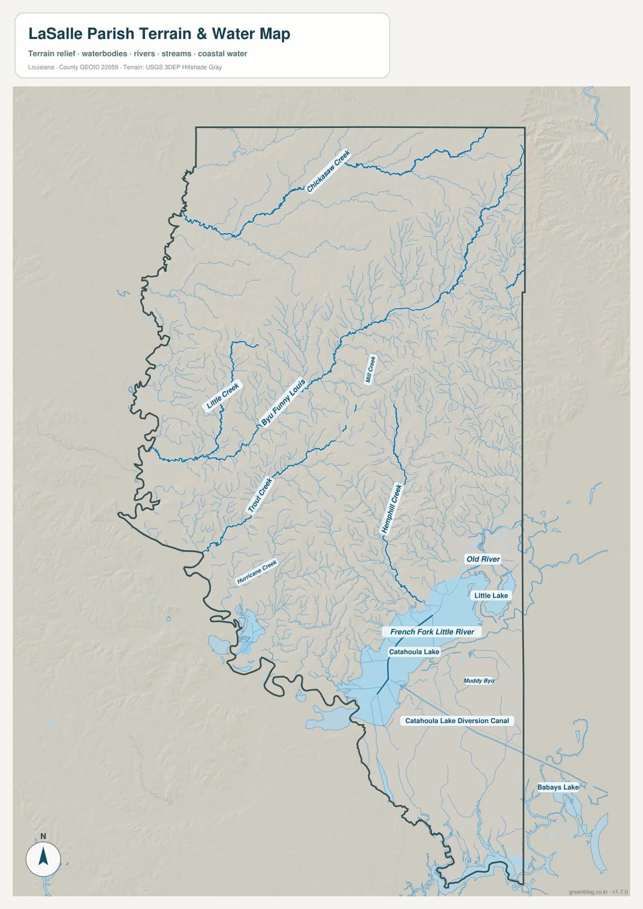 LaSalle Parish water map showing Bayou Funny Louis, Little Creek, Trout Creek, Hemphill Creek, Catahoula Lake, and French Fork Little River