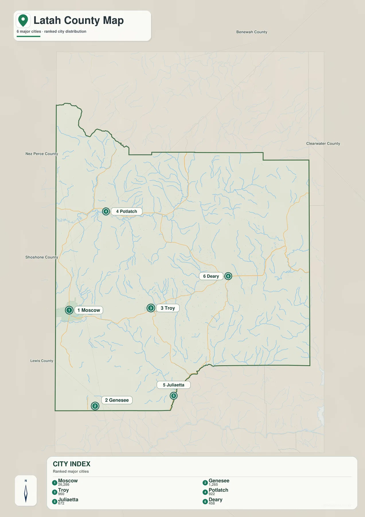 Latah County city map showing Moscow, Genesee, Troy, Potlatch, Juliaetta, and Deary