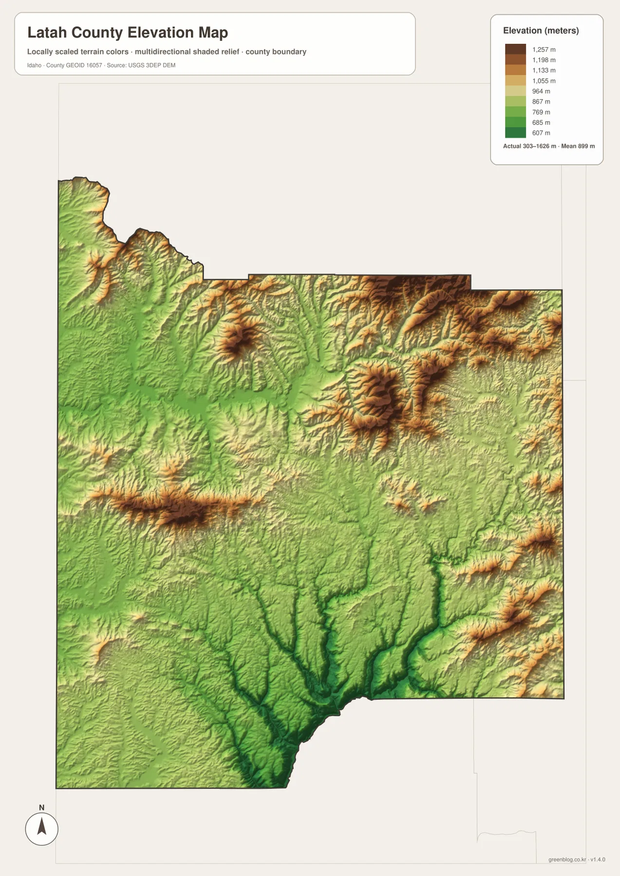 Latah County elevation map showing a 303 to 1626 meter range, lower southern valleys, and higher northern and eastern ridges