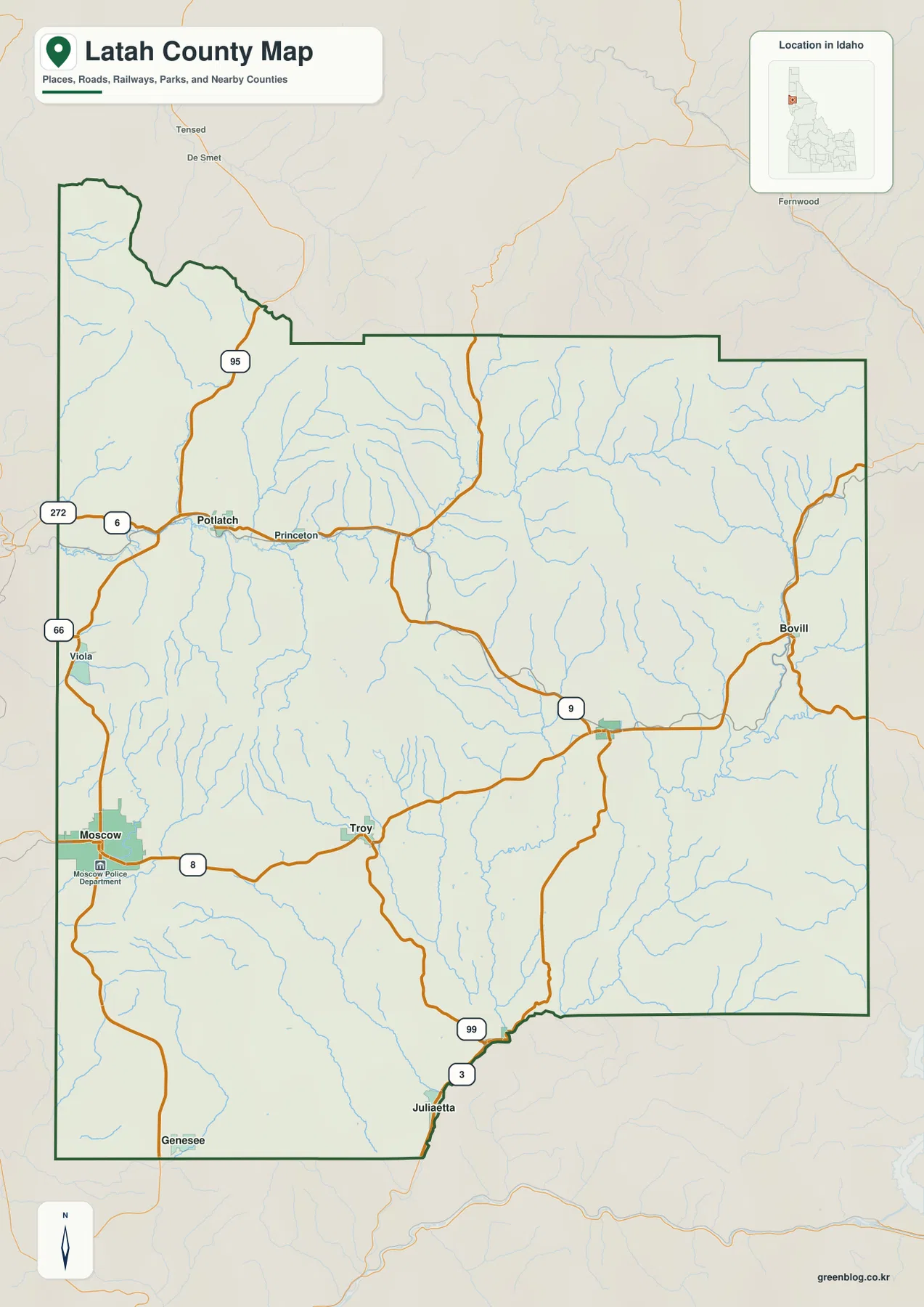 Latah County map showing Moscow, US 95, Idaho 8, Troy, Potlatch, Bovill, Juliaetta, and the county boundary