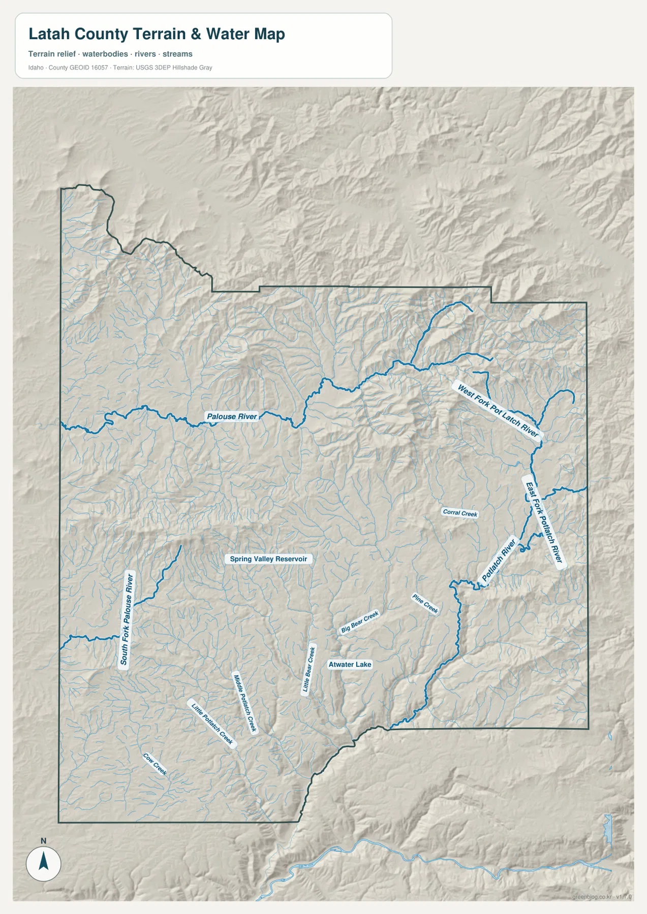 Latah County water map showing Palouse River, South Fork Palouse River, Potlatch River forks, Spring Valley Reservoir, Atwater Lake, and tributaries