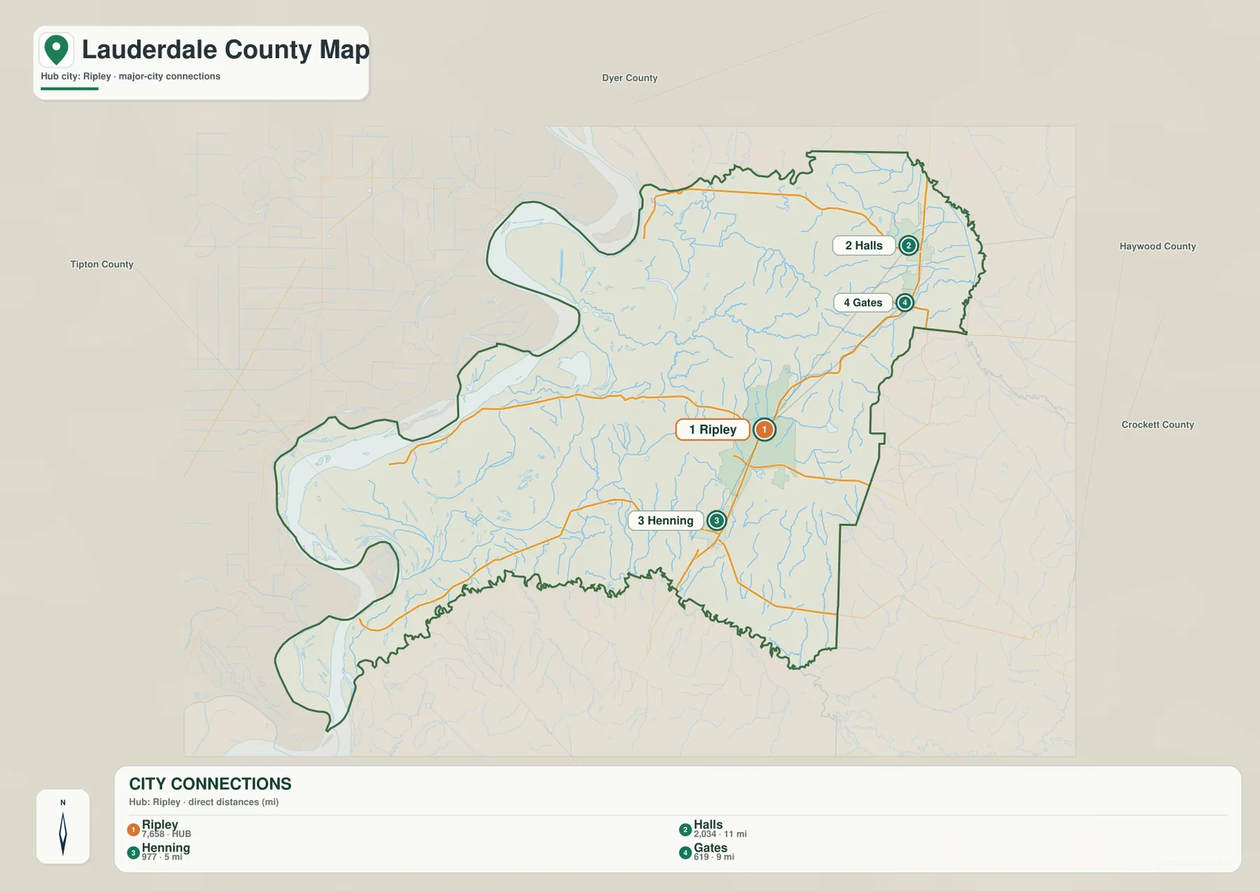 Lauderdale County city map showing Ripley, Halls, Henning and Gates