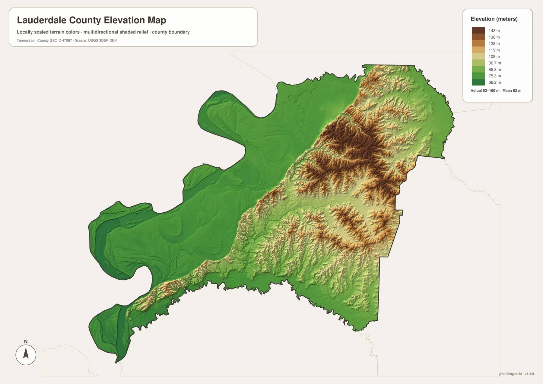 Lauderdale County elevation map showing western lowlands and eastern ridges