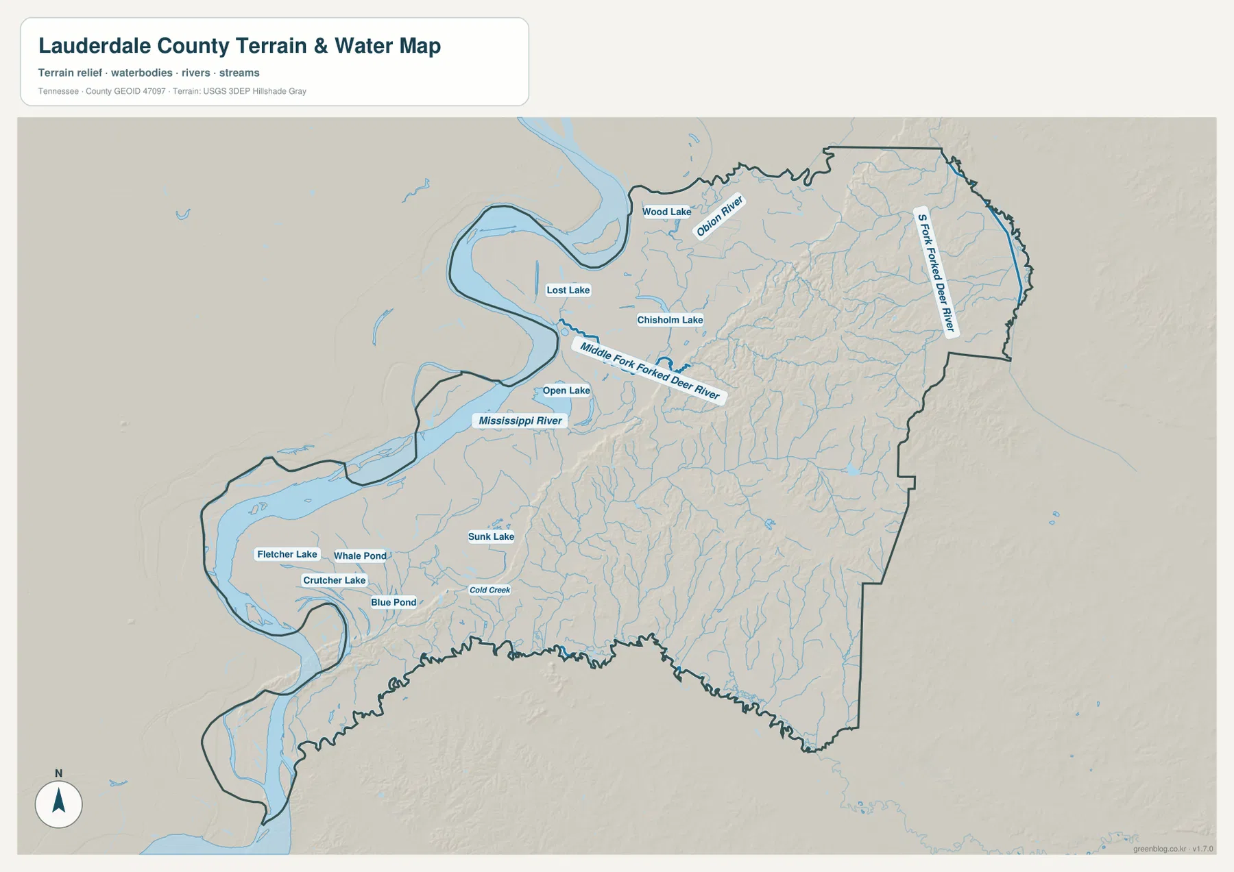 Lauderdale County water map with Mississippi River and Forked Deer River branches