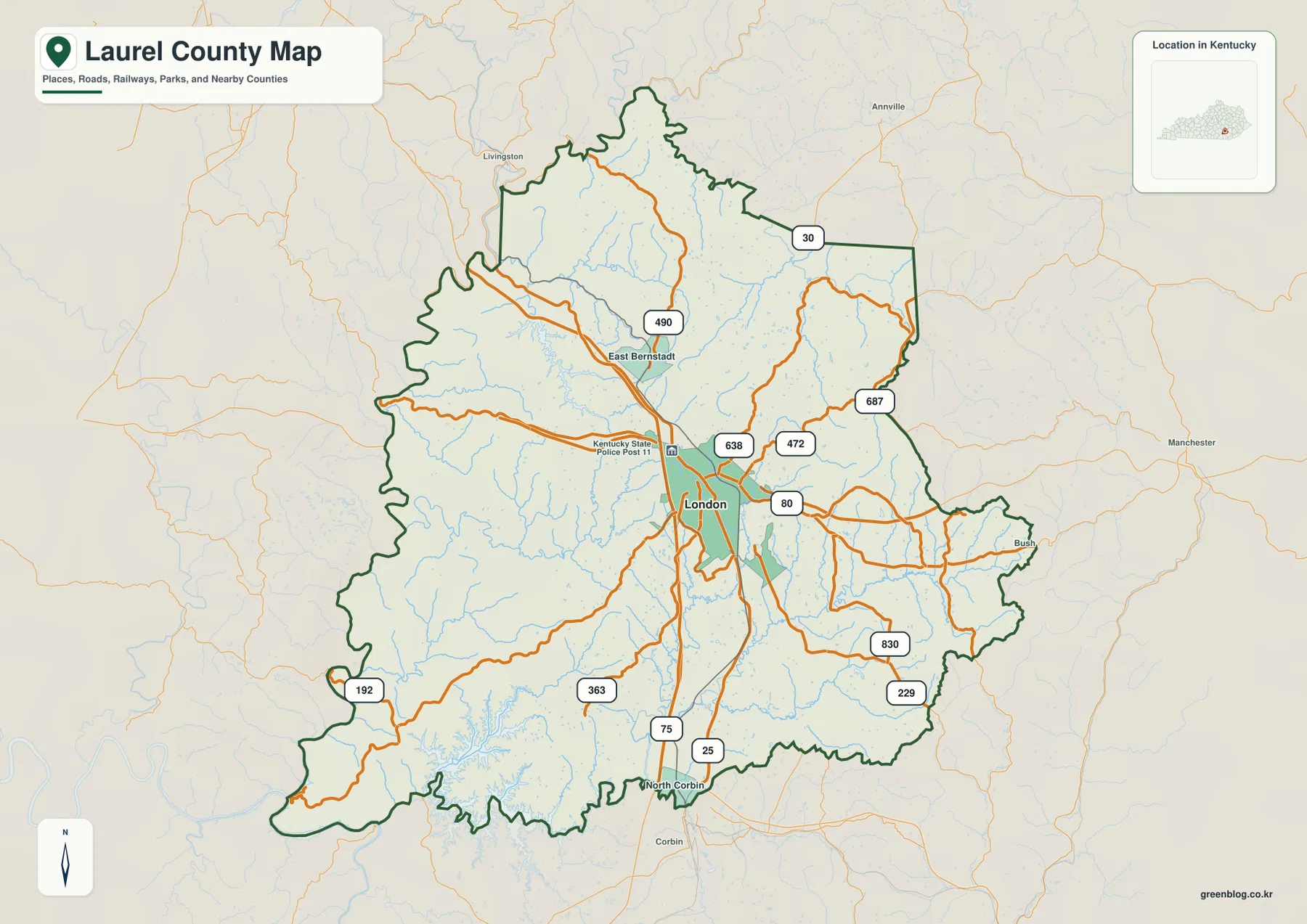 로럴 카운티 지도에 표시된 London, East Bernstadt, North Corbin, I-75와 주요 도로