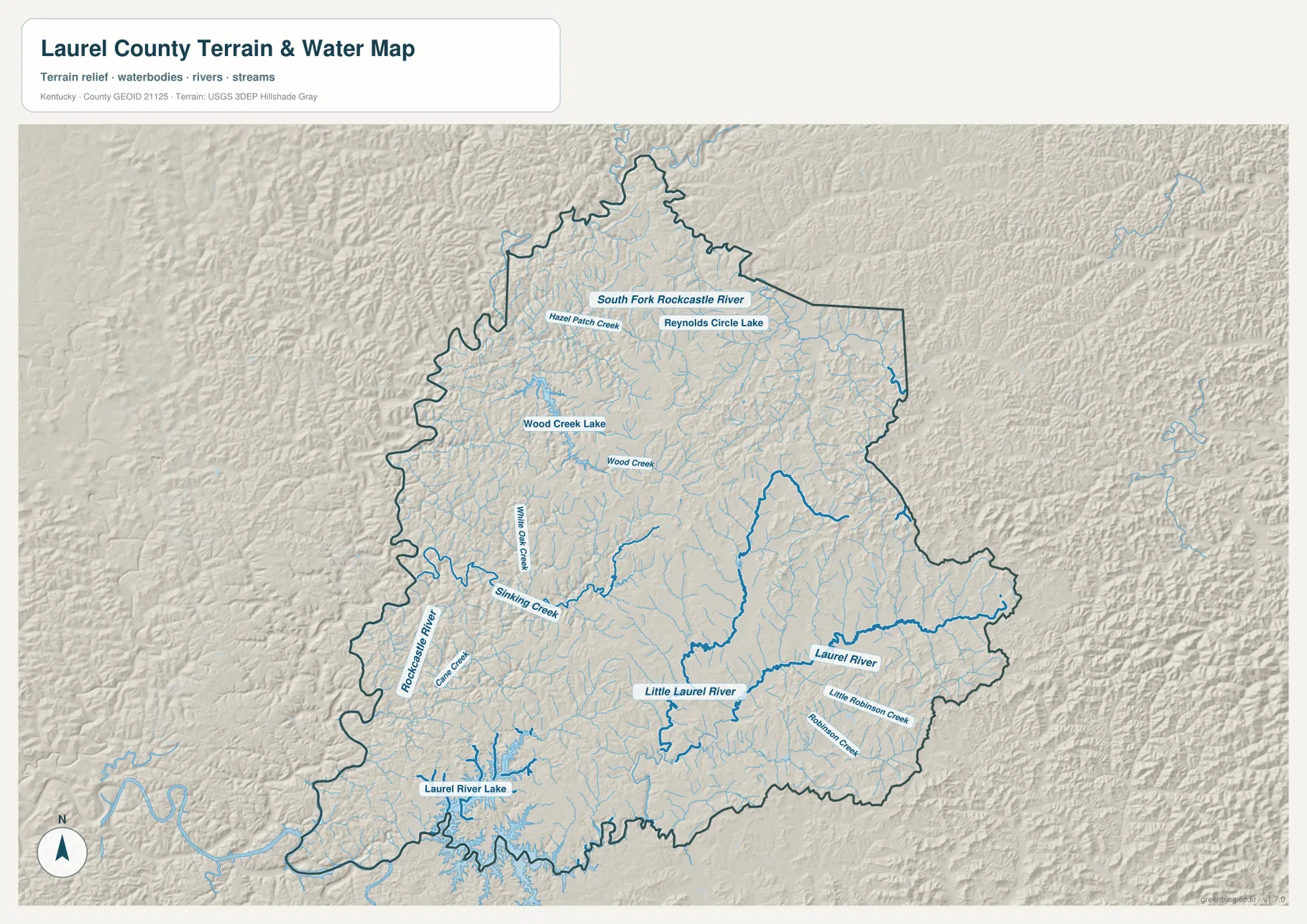 로럴 카운티 수역 지도에 표시된 Laurel River Lake, Rockcastle River, Little Laurel River와 Wood Creek Lake
