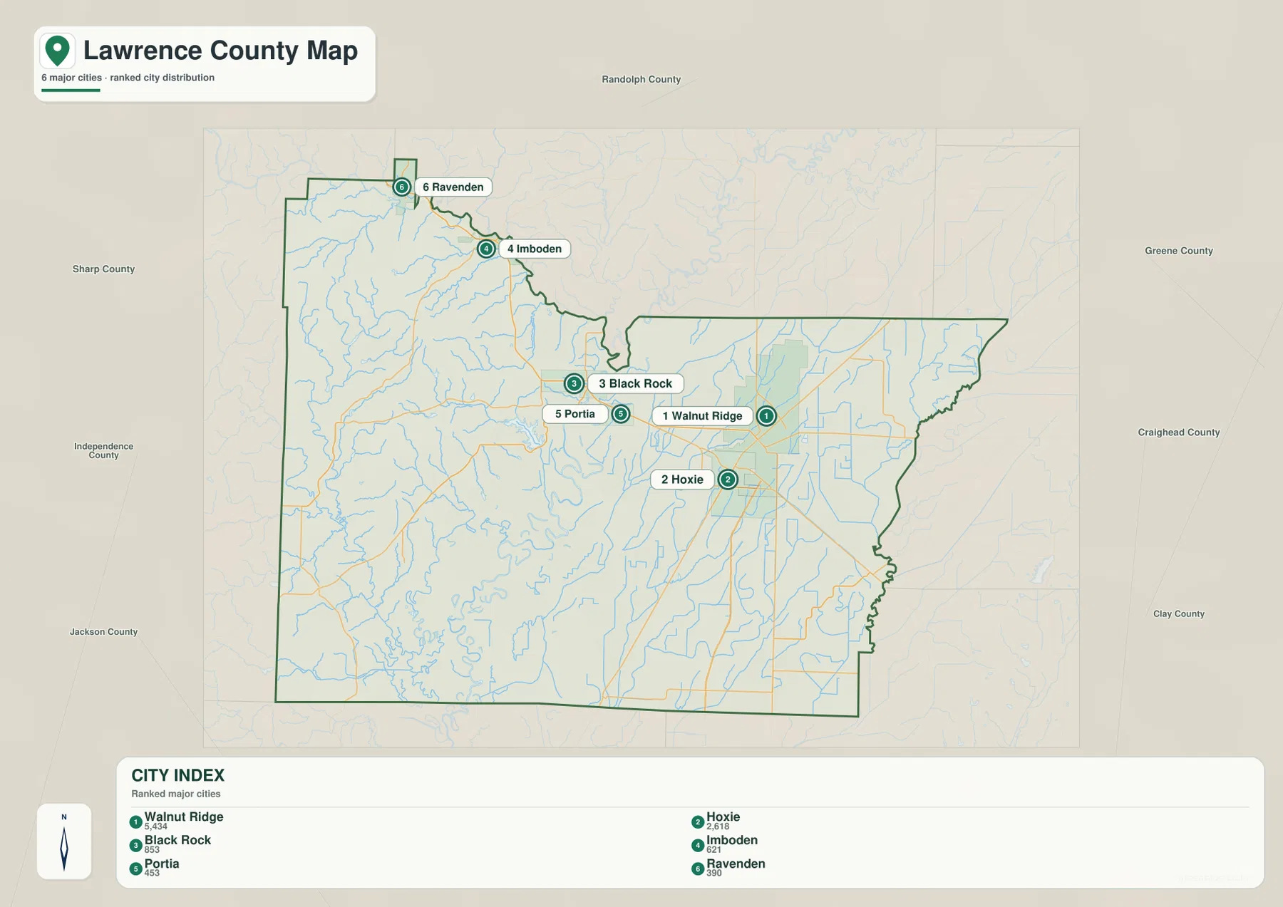 Lawrence County city map showing ranked locations of Walnut Ridge, Hoxie, Black Rock, Imboden, Portia and Ravenden