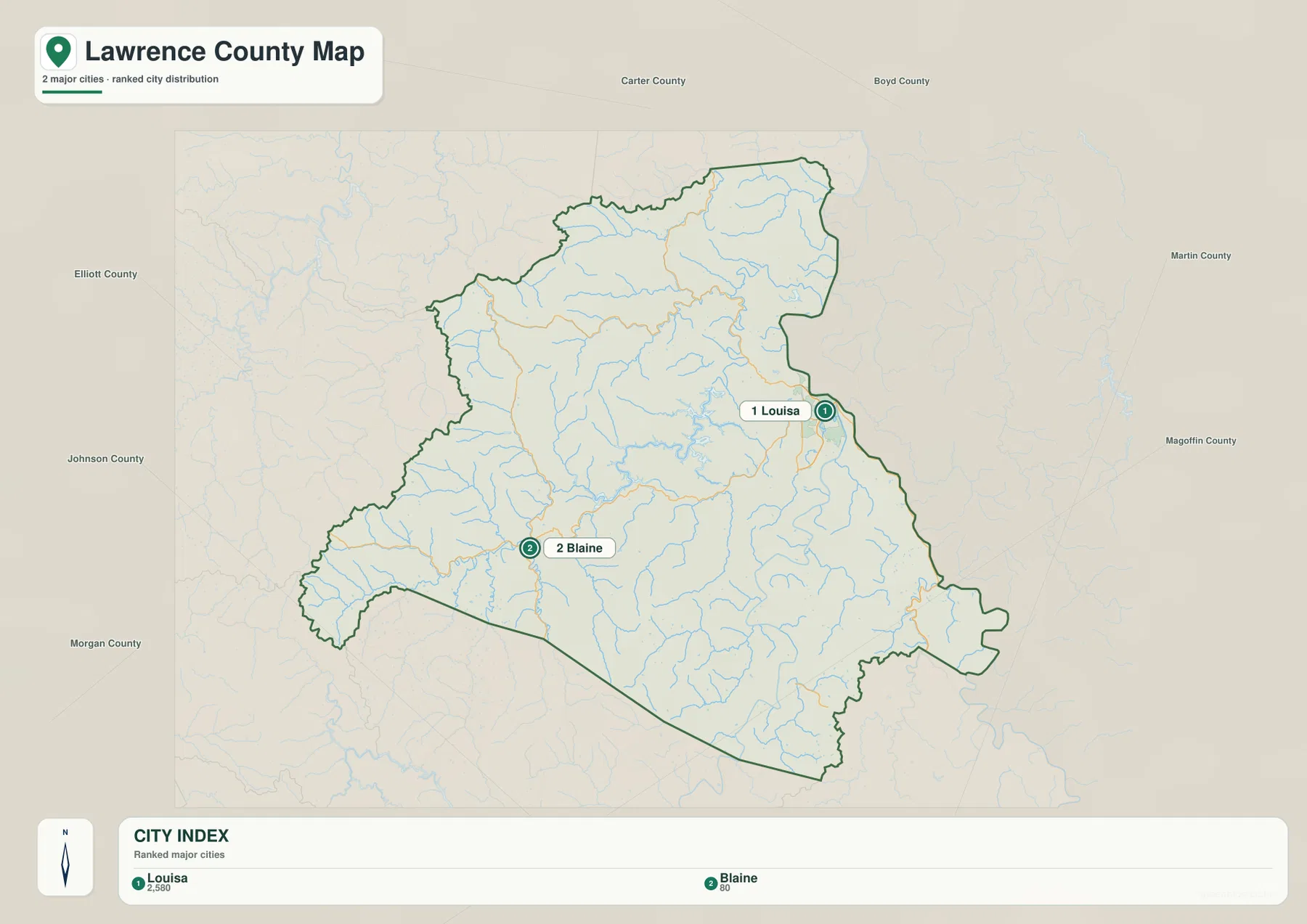 City distribution map of Lawrence County Kentucky highlighting Louisa and Blaine