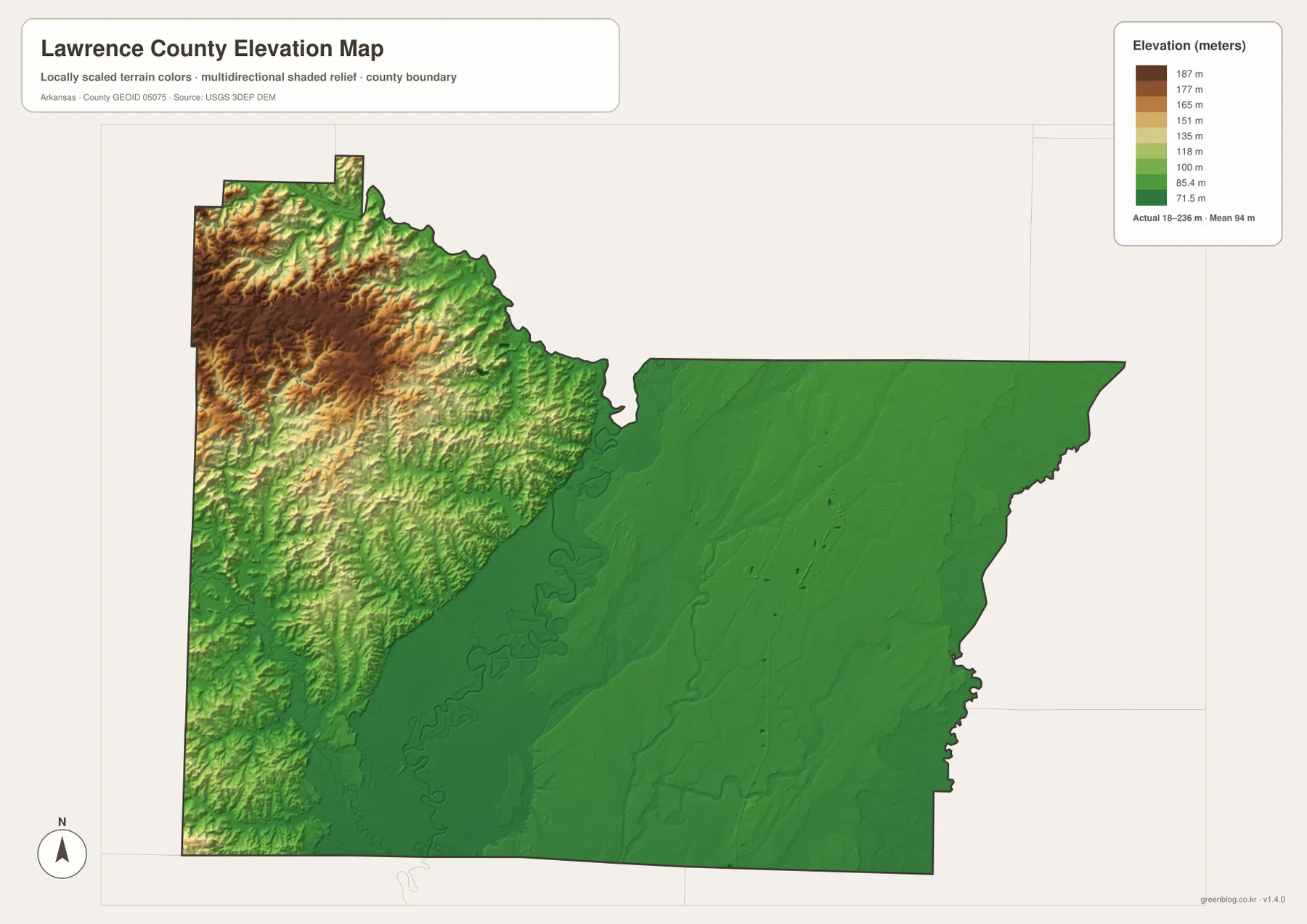 Lawrence County Arkansas elevation map showing an 18 to 236 meter range from western Ozark foothills to eastern Delta lowlands