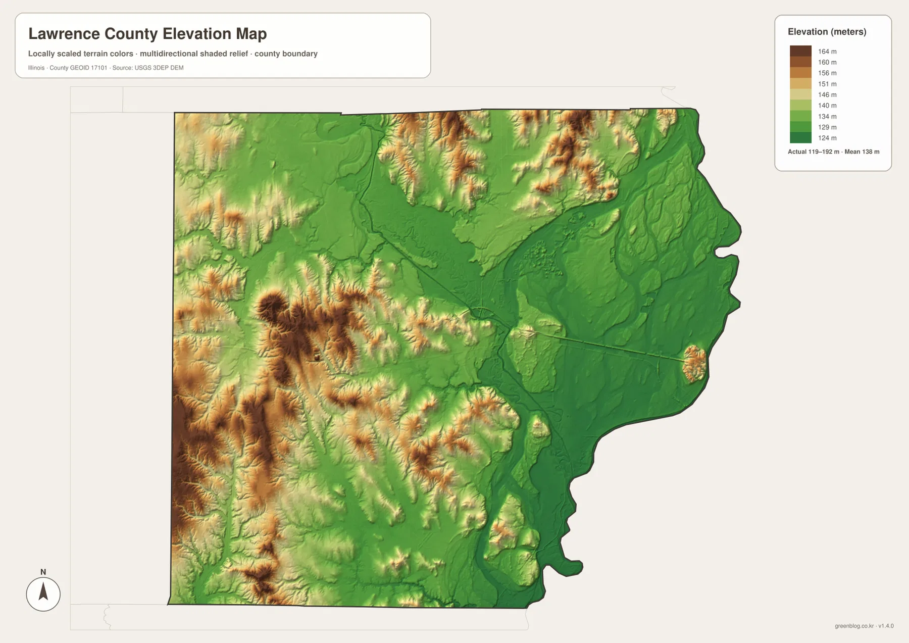 Lawrence County Illinois elevation map 119 192 meters Red Hills western uplands Embarras Wabash lowlands