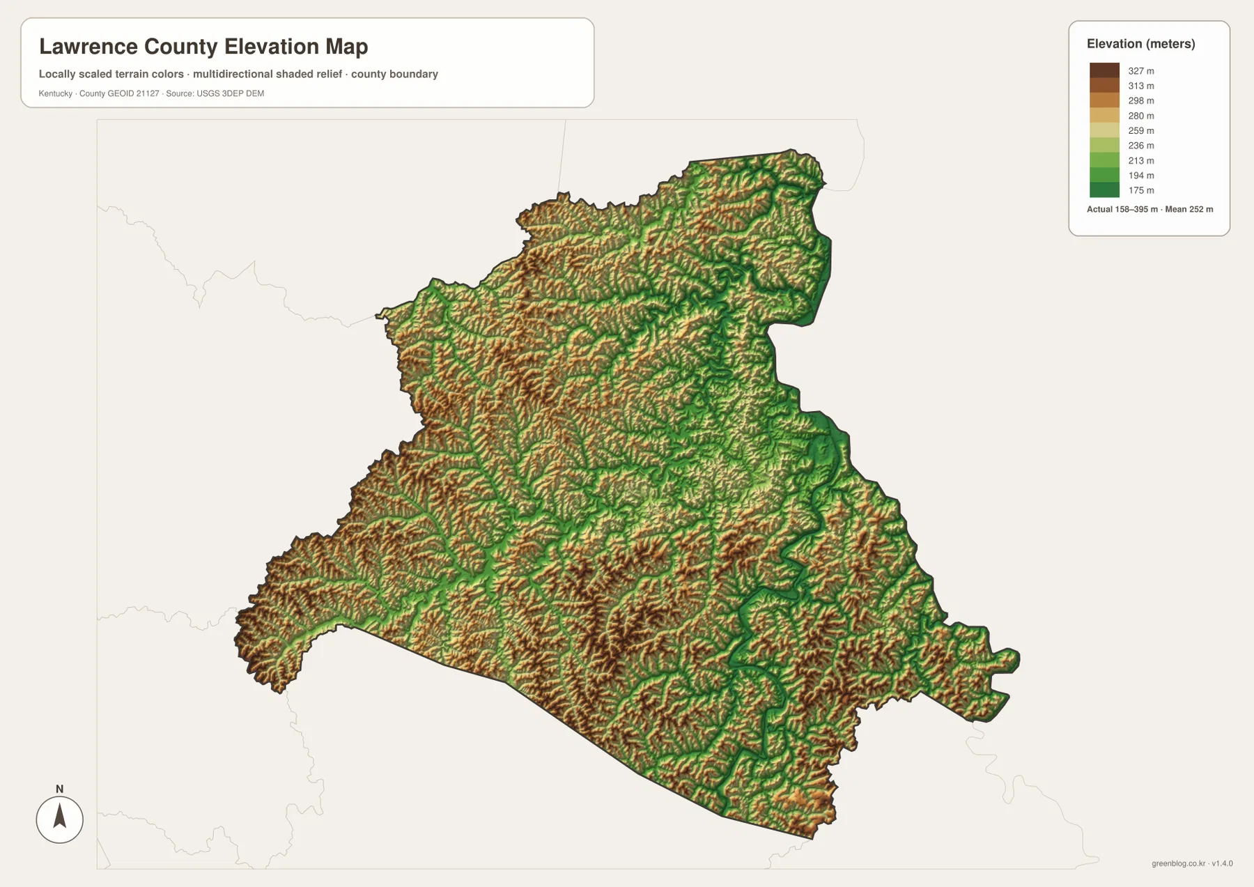 Lawrence County Kentucky elevation map showing roughly 158 to 395 meters across ridges and creek valleys