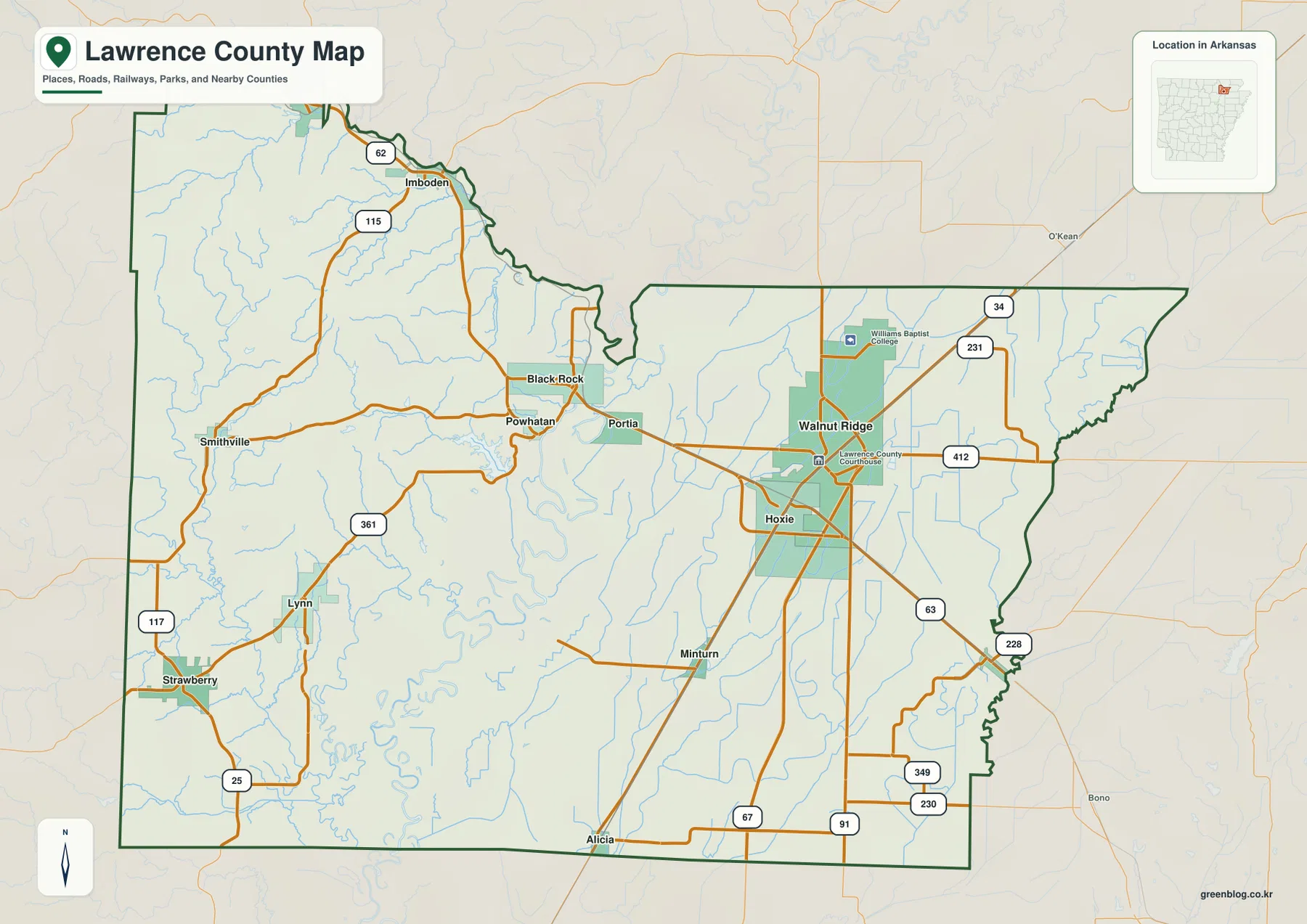 Lawrence County Arkansas map showing Walnut Ridge, Hoxie, Black Rock, Imboden, Portia and major roads