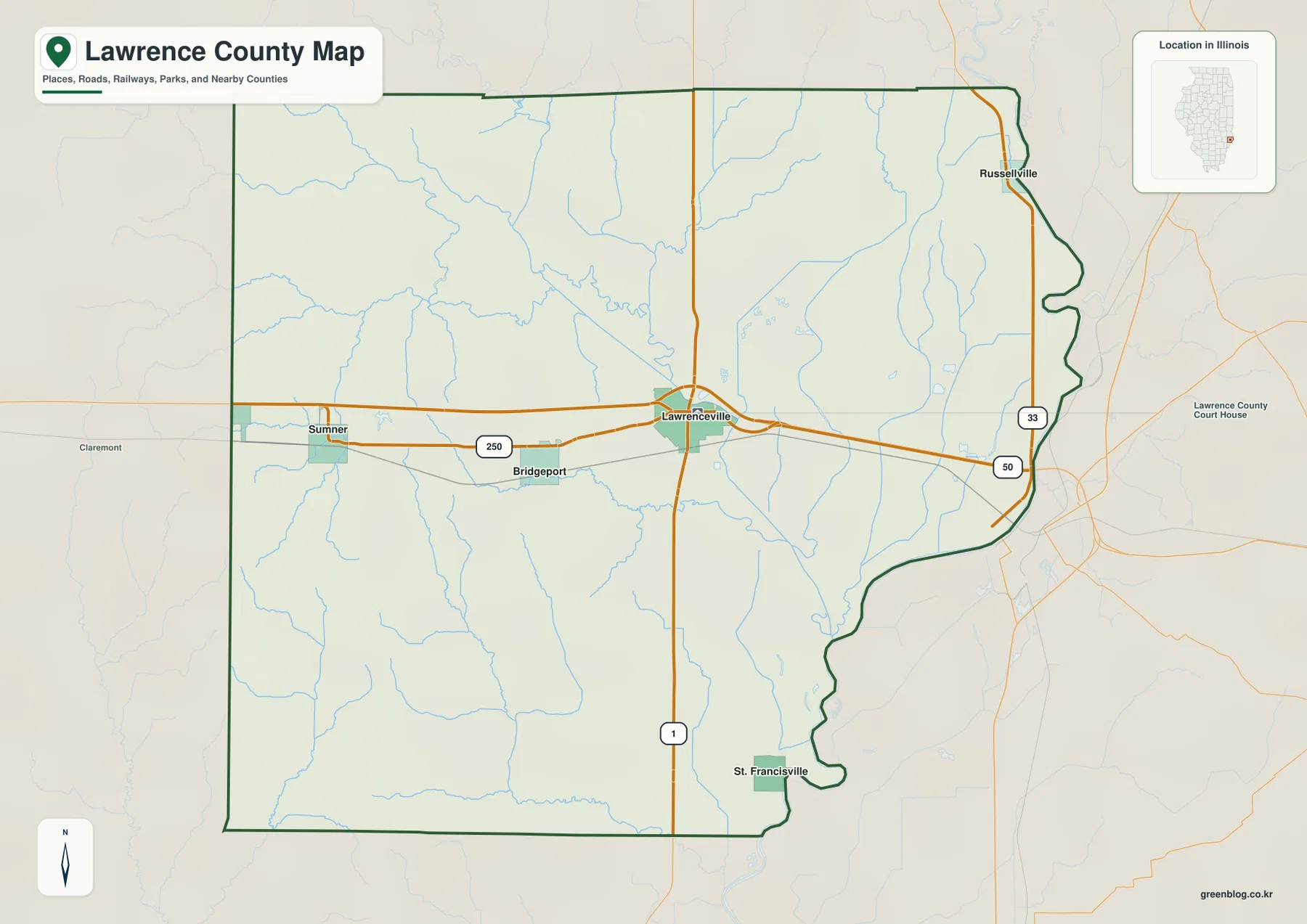 Lawrence County Illinois map of Lawrenceville Bridgeport Sumner St Francisville Russellville and Routes 1 50 250