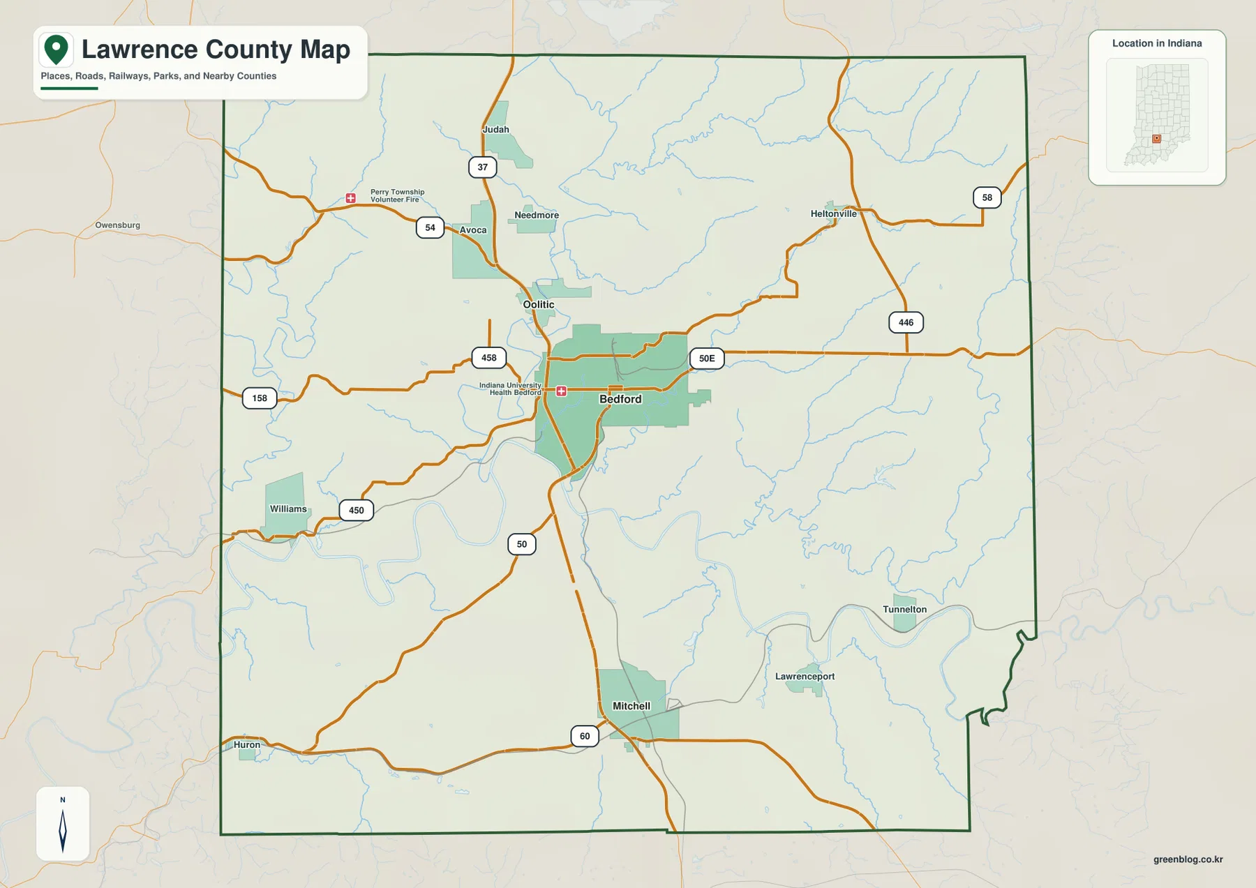 인디애나주 Lawrence County 일반 지도에 Bedford, Oolitic, Mitchell, Heltonville, Williams, U.S. 50과 37번 도로가 표시된 모습
