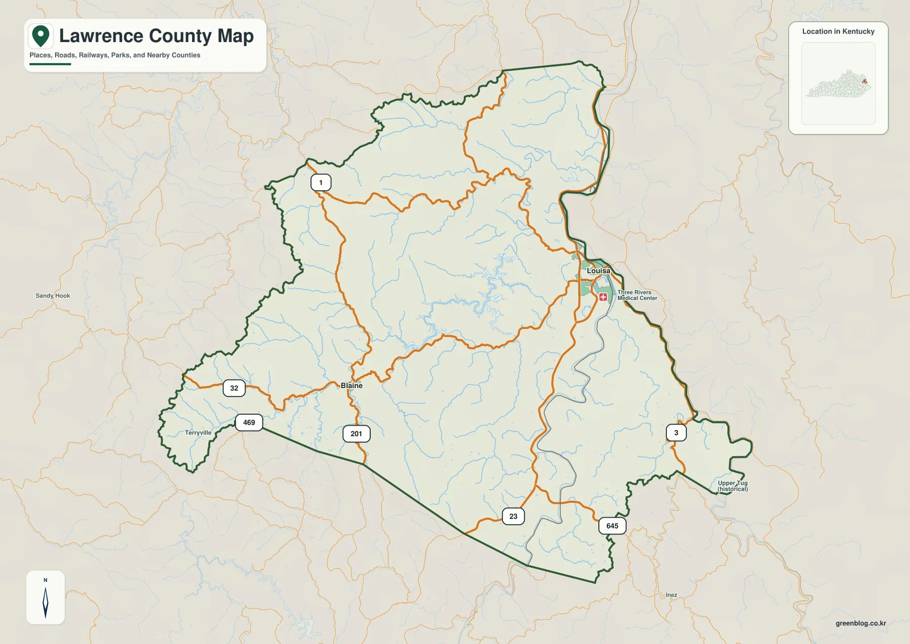 Lawrence County Kentucky map showing Louisa, Blaine, major numbered roads, and the county boundary