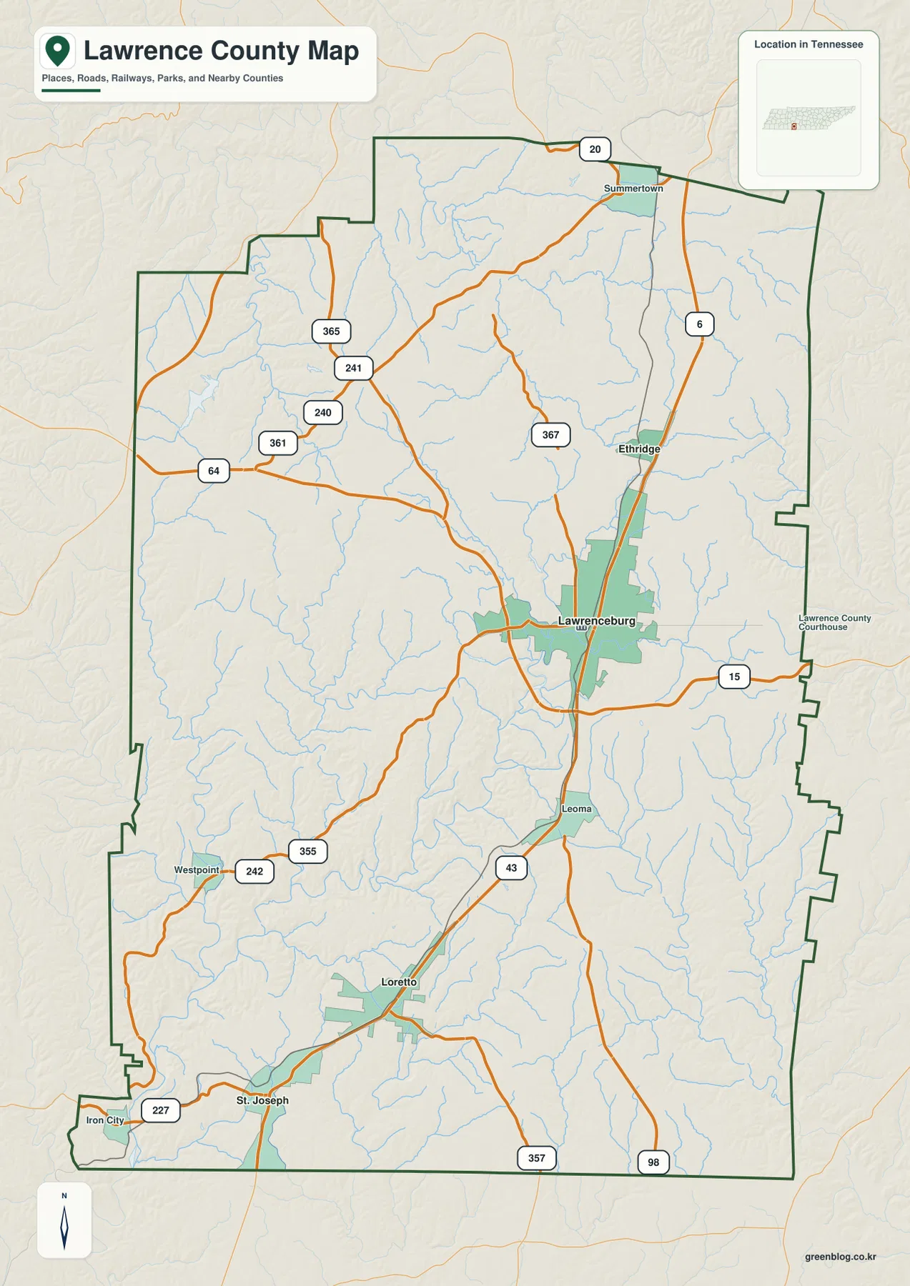 테네시주 로렌스 카운티 지도에서 Lawrenceburg, 주요 도시, 도로, 수계와 주변 카운티를 표시한 모습