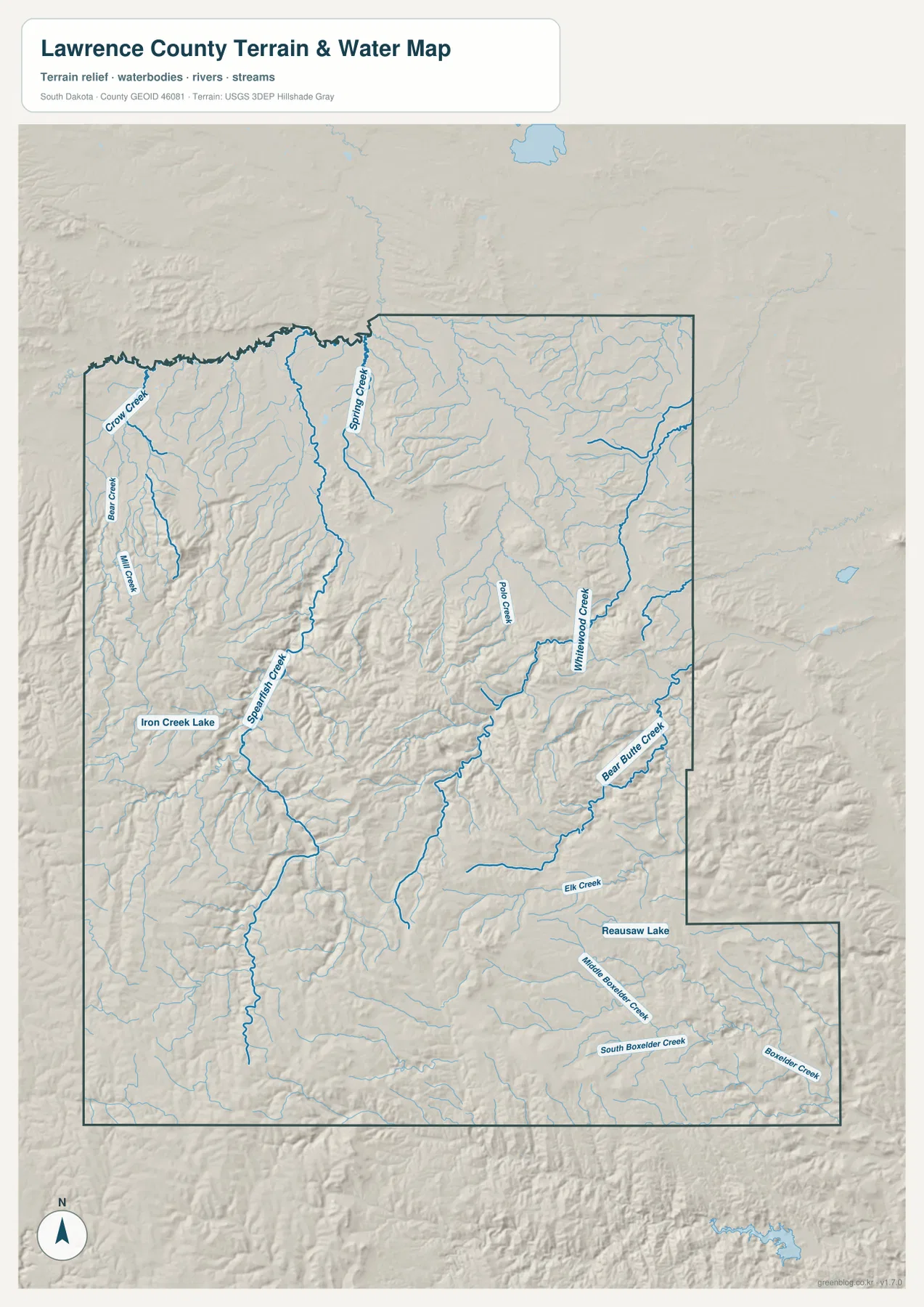 Spearfish Creek, Whitewood Creek, Bear Butte Creek, Boxelder Creek와 산악 계곡이 표시된 로렌스 카운티 수역 지형 지도