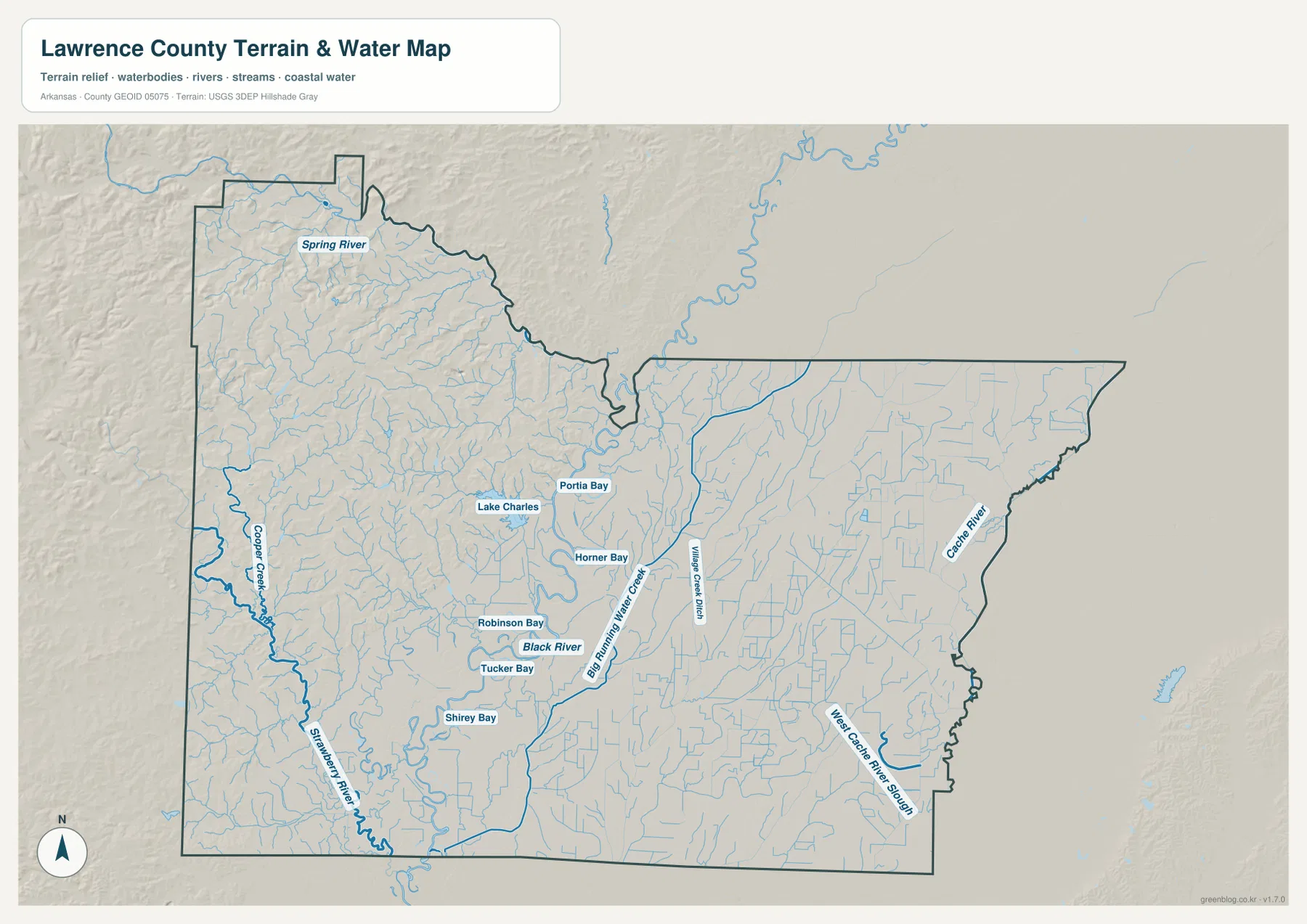 Lawrence County terrain and water map showing Spring River, Black River, Cache River, Strawberry River, Lake Charles and named bays