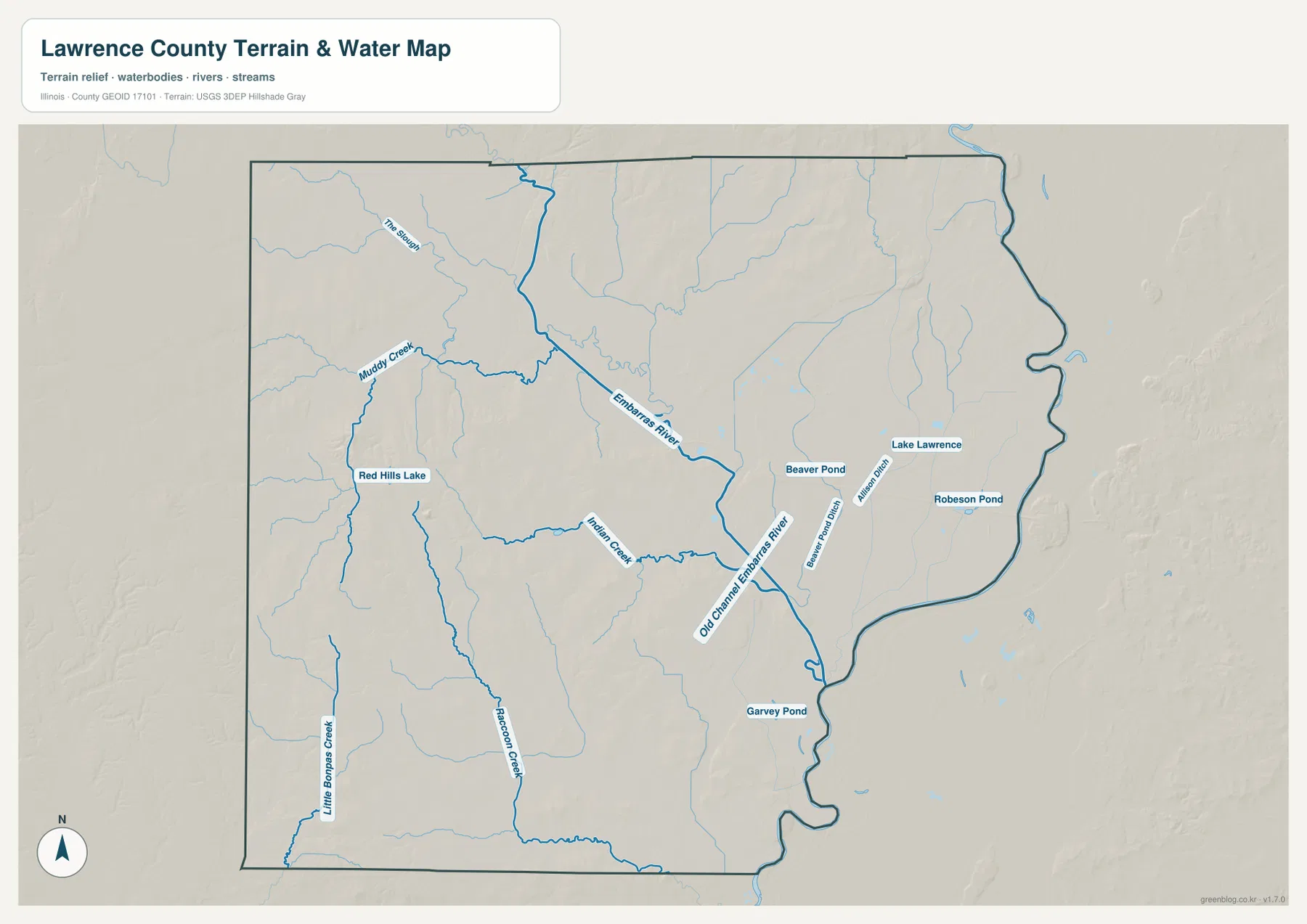 Lawrence County Illinois water map Embarras River Indian Creek Little Bonpas Creek Red Hills Lake Lake Lawrence ponds