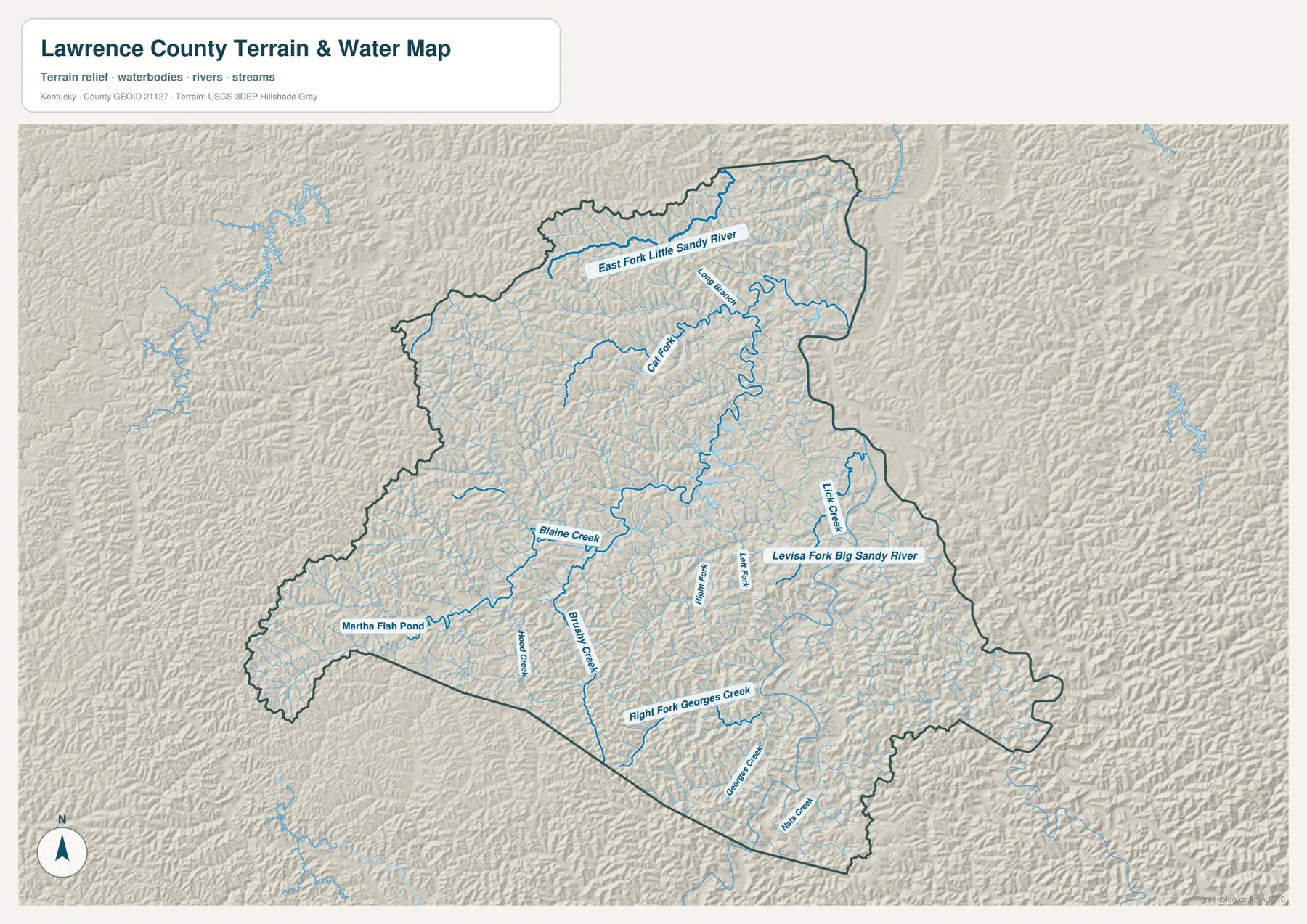 Lawrence County terrain and water map with Levisa Fork, East Fork Little Sandy River, Blaine Creek, and smaller tributaries