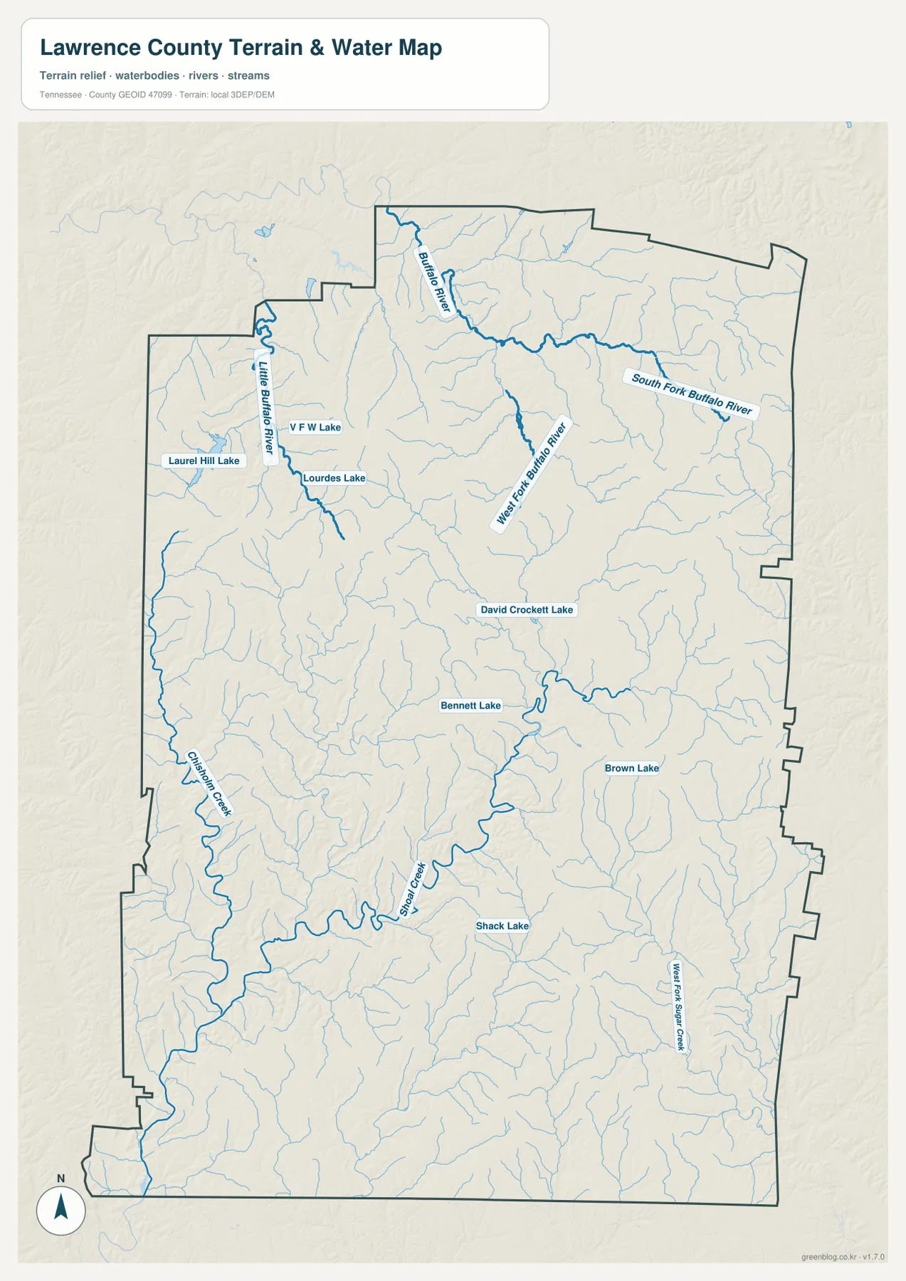 Buffalo River 지류, Shoal Creek, David Crockett Lake와 여러 호수를 표시한 로렌스 카운티 수역 지도