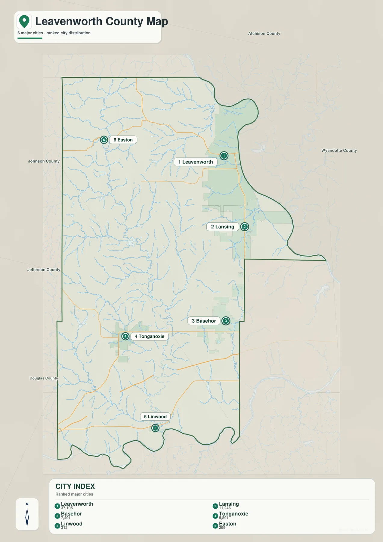 레번워스 카운티 도시 지도에 표시된 Leavenworth, Lansing, Basehor, Tonganoxie, Linwood, Easton의 순위와 위치