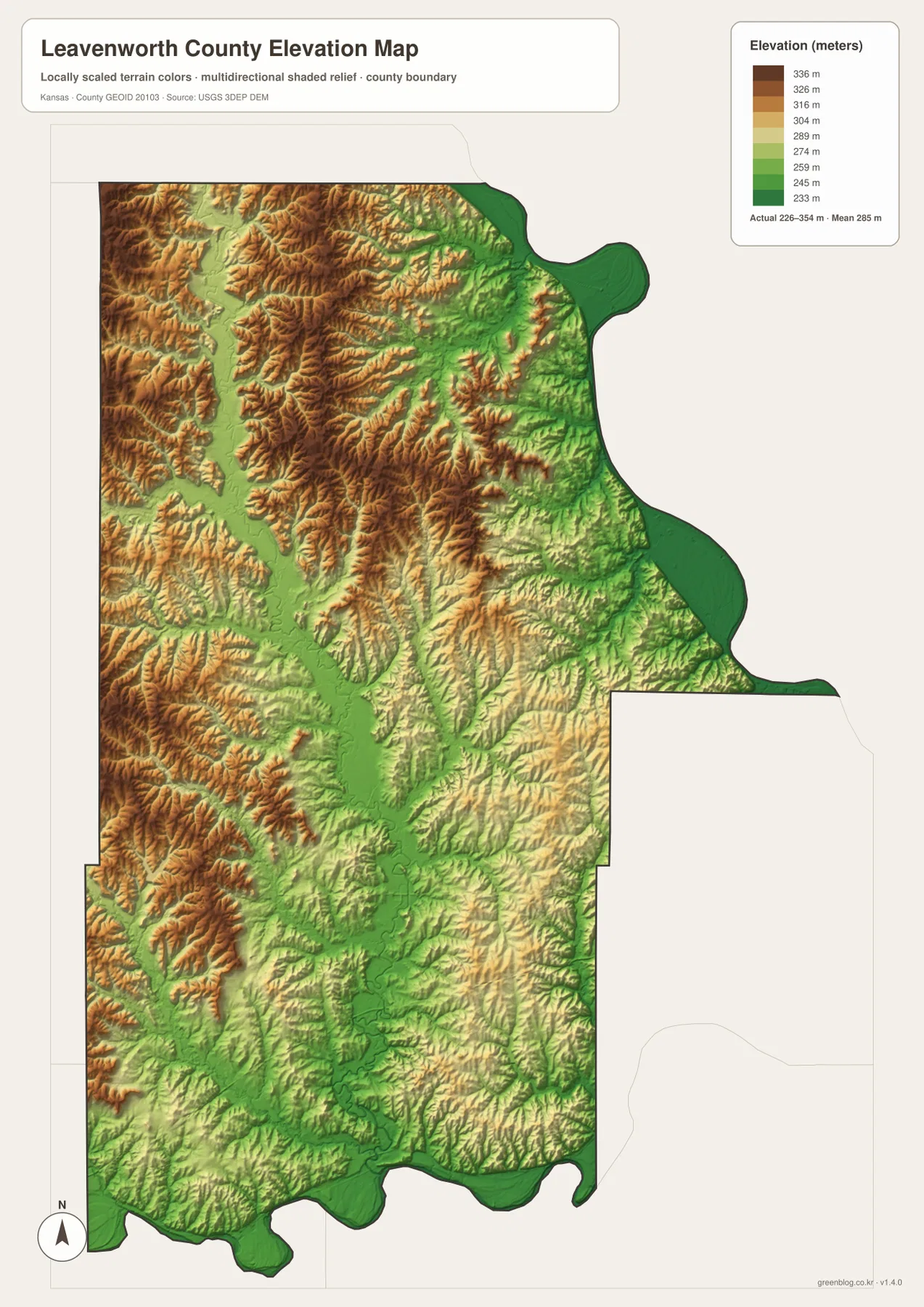 레번워스 카운티 고도 지도에 표시된 226~354m 범위, Missouri River·Kansas River 주변의 낮은 땅과 서쪽·북서쪽 구릉