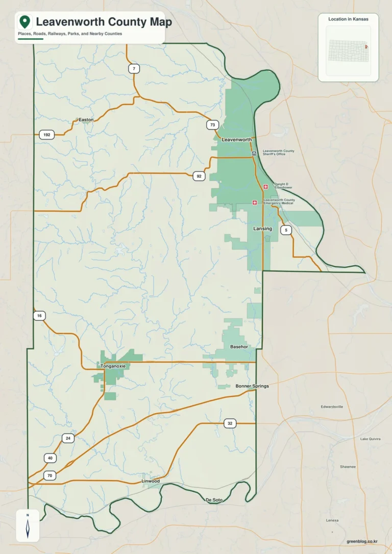 레번워스 카운티 지도(Leavenworth County) – Leavenworth·Lansing과 Fort Leavenworth, Stranger Creek