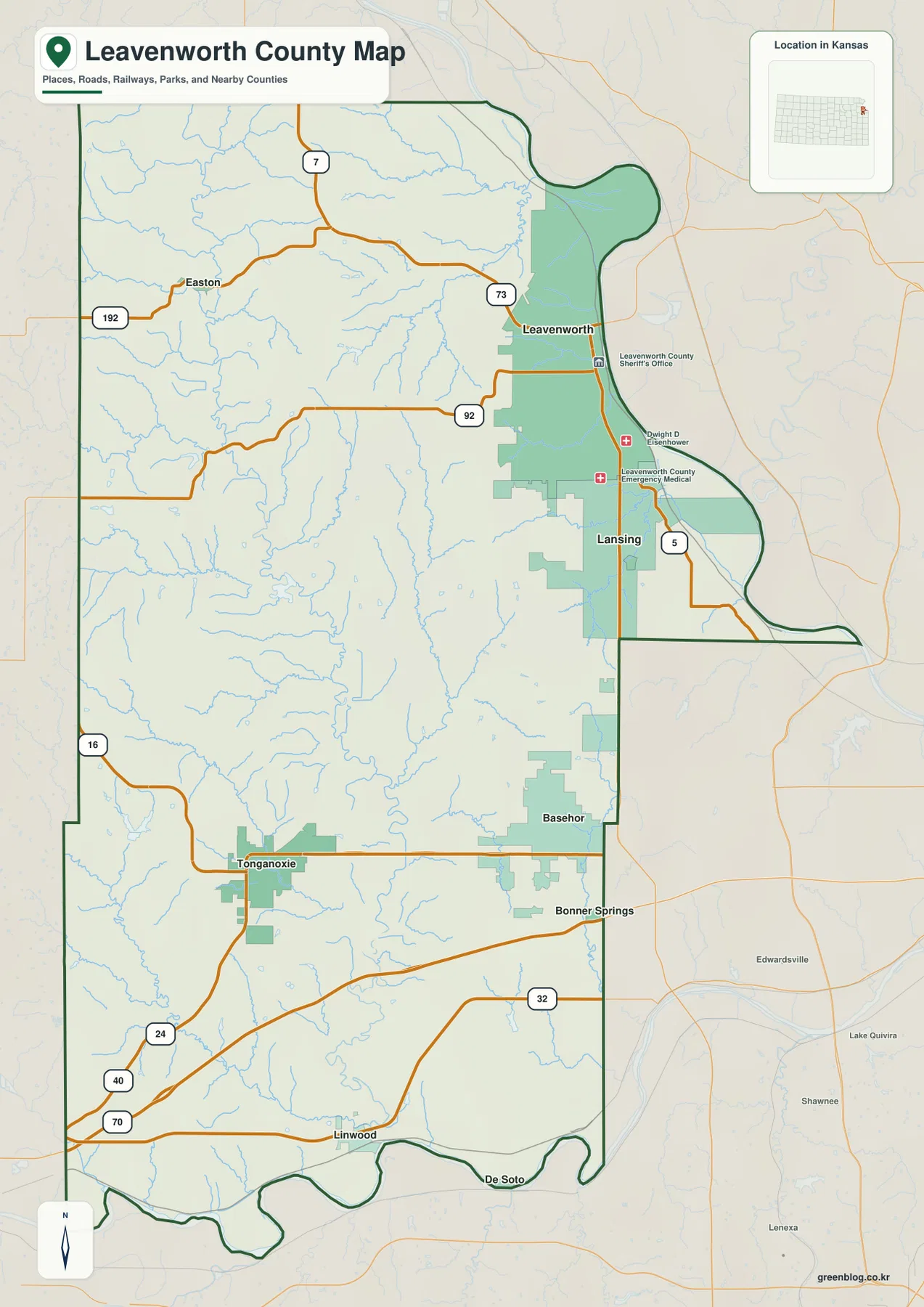 레번워스 카운티 지도에 표시된 Leavenworth, Lansing, Basehor, Tonganoxie, Linwood, Easton, U.S. 73, K-7, K-92와 주요 도로