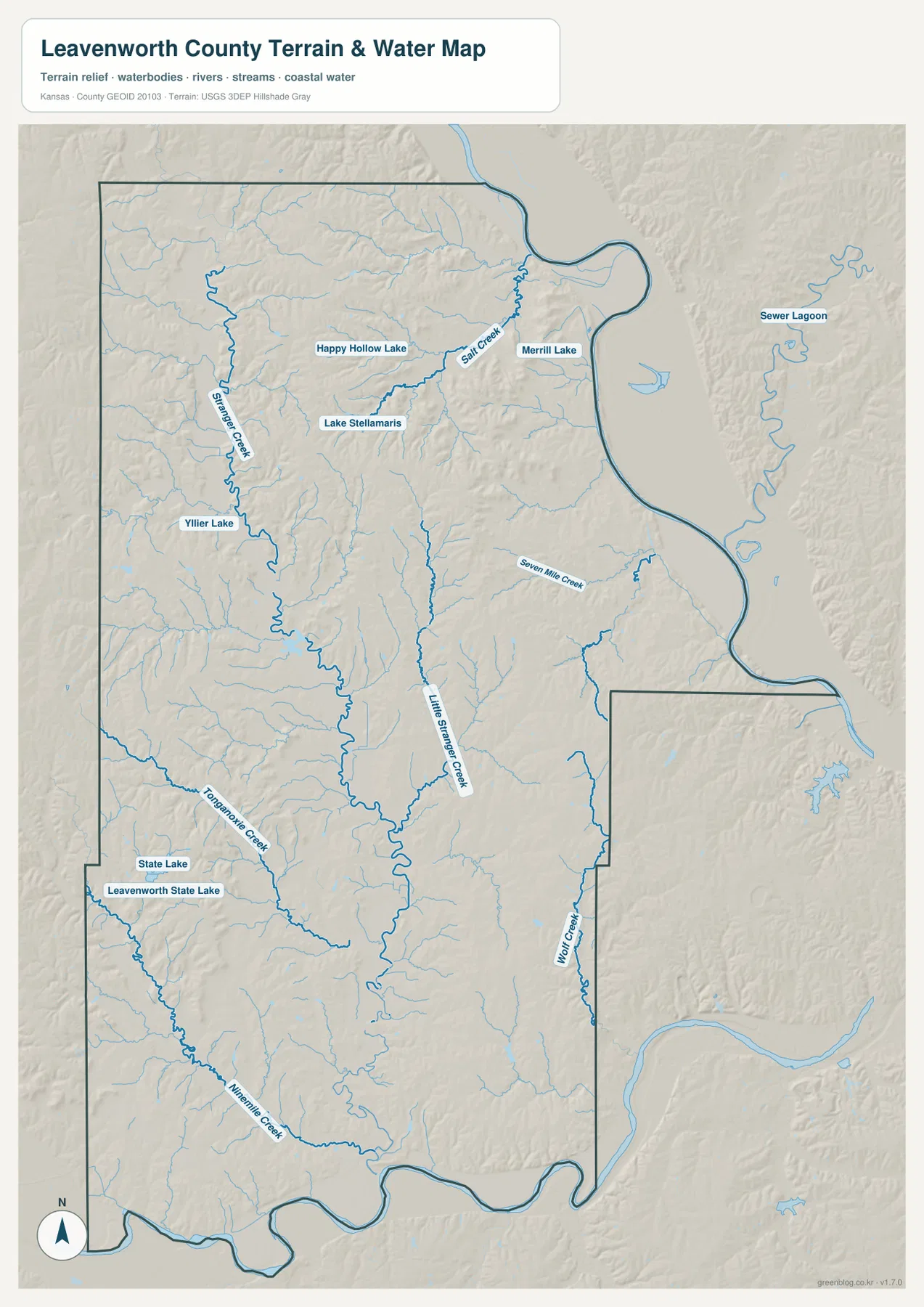 레번워스 카운티 수역 지도에 표시된 Missouri River, Stranger Creek, Little Stranger Creek, Tonganoxie Creek, Nine Mile Creek, Wolf Creek, Seven Mile Creek와 주요 호수