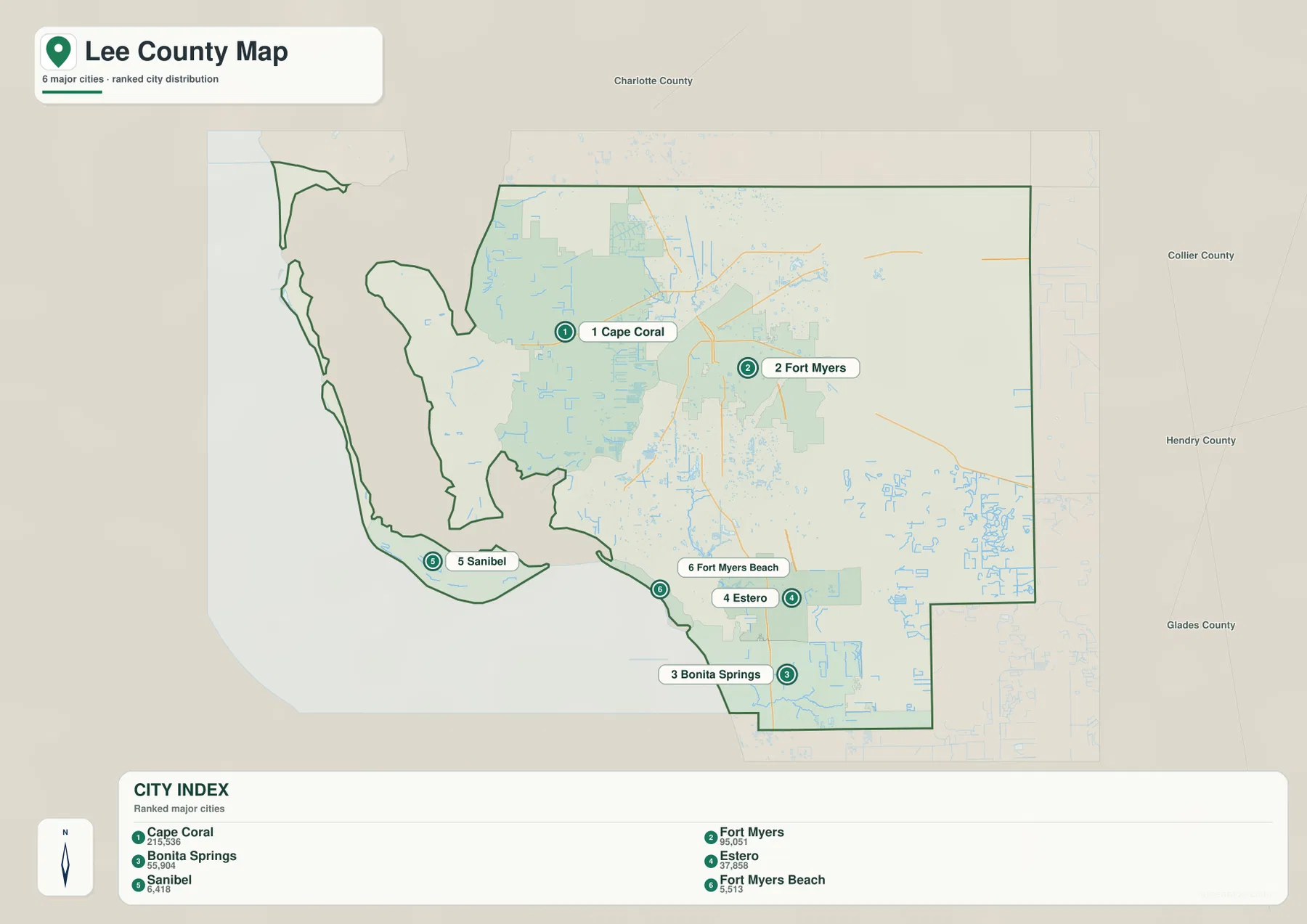 Lee County city map locating Cape Coral, Fort Myers, Bonita Springs, Estero, Sanibel, and Fort Myers Beach